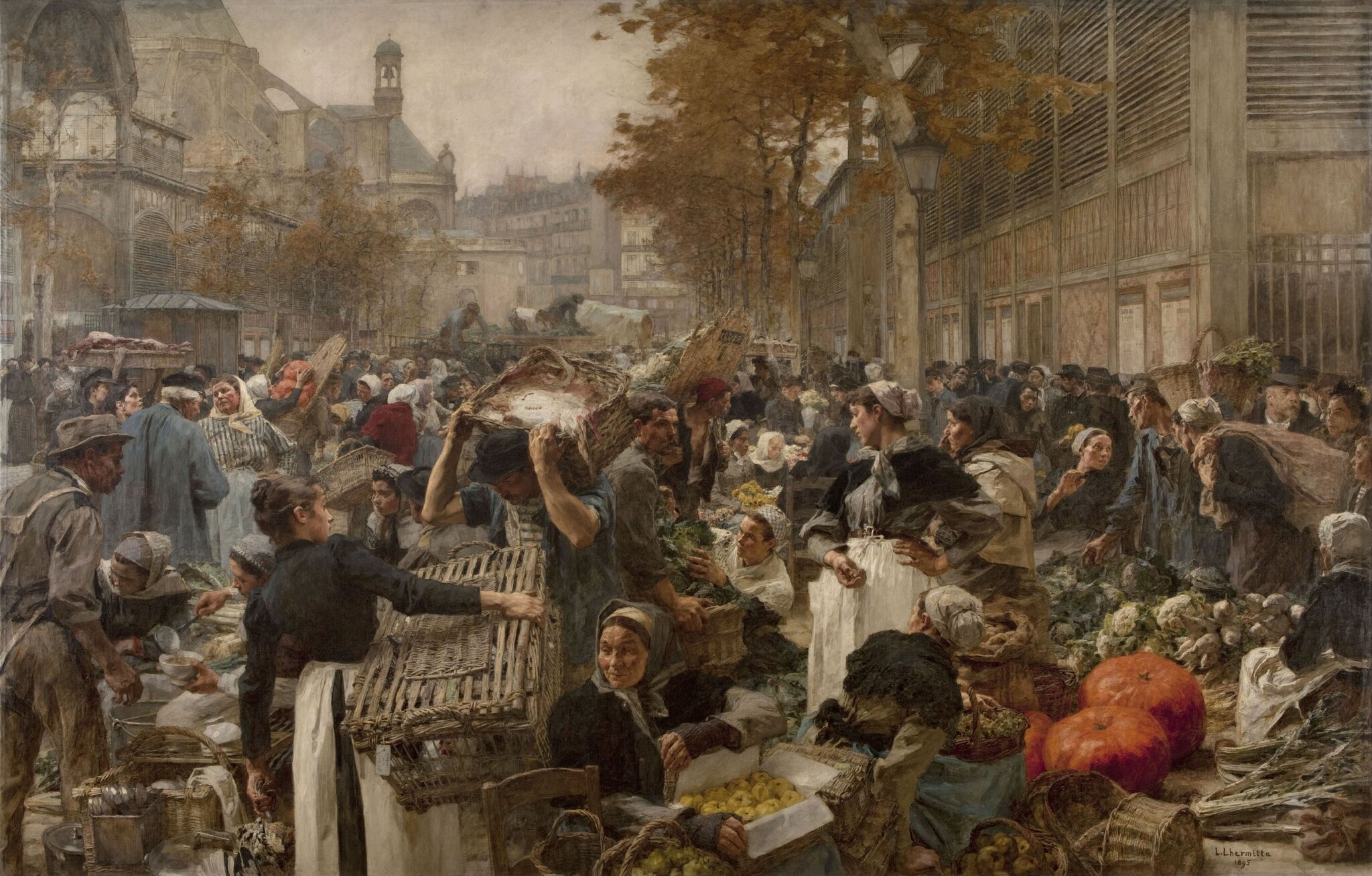 Les Halles Targ w Paryżu w drugiej połowie XIX wieku Źródło: Léon Lhermitte (1844–1925; czyt.: leon lermit; francuski malarz), Les Halles, domena publiczna.