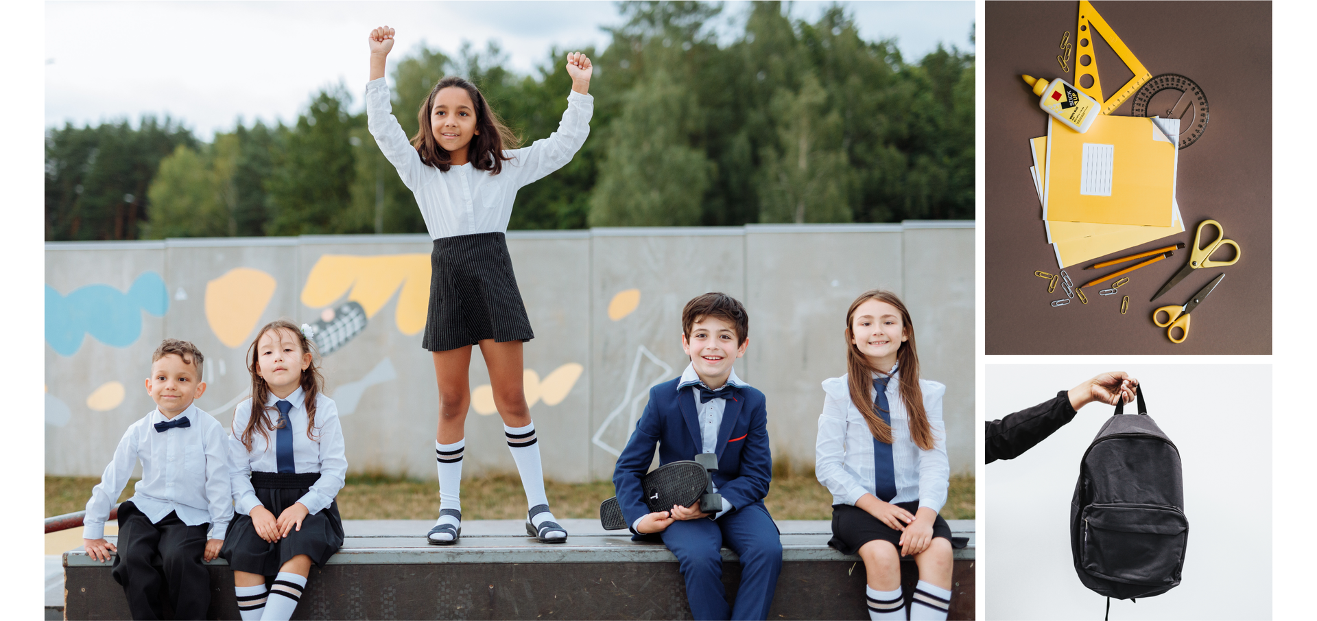 Grafika podzielona jest na trzy zdjęcia. Po lewej na głównym, większym zdjęciu znajduje się pięcioro uczniów. Po lewej stronie na ławce siedzą chłopiec i dziewczynka. Na środku zdjęcia stoi dziewczynka z rękami uniesionym do góry. Po prawej siedzą chłopiec i dziewczynka. Uczniowie są ubrani w mundurki szkolne. Po prawej stronie grafiki u góry znajduję się mniejsze zdjęcie przedstawiające przybory szkolne. Po prawej stronie na dole znajduje się mniejsze zdjęcie na którym widać rękę trzymającą plecak.