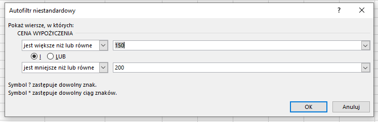 Ilustracja przedstawiająca okno dialogowe Autofiltr niestandardowy. Na górze tekst: Pokaż wiersze, w których. Pod nim dwa pola obok siebie. W pierwszym polu wybrano Jest większe niż lub równe, a w drugim wpisano 150. Poniżej radialne pola wyboru: I oraz LUB. Wybrano pierwsza opcję. Dalej Kolejne dwa pola obok siebie. W pierwszym polu wybrano Jest mniejsze niż lub równe, a w drugim wpisano 200. Pod spodem wskazówki: Symbol ? zastępuje dowolny znak; Symbol * zastępuje dowolny ciąg znaków. Na dole okna przyciski OK oraz Anuluj. 