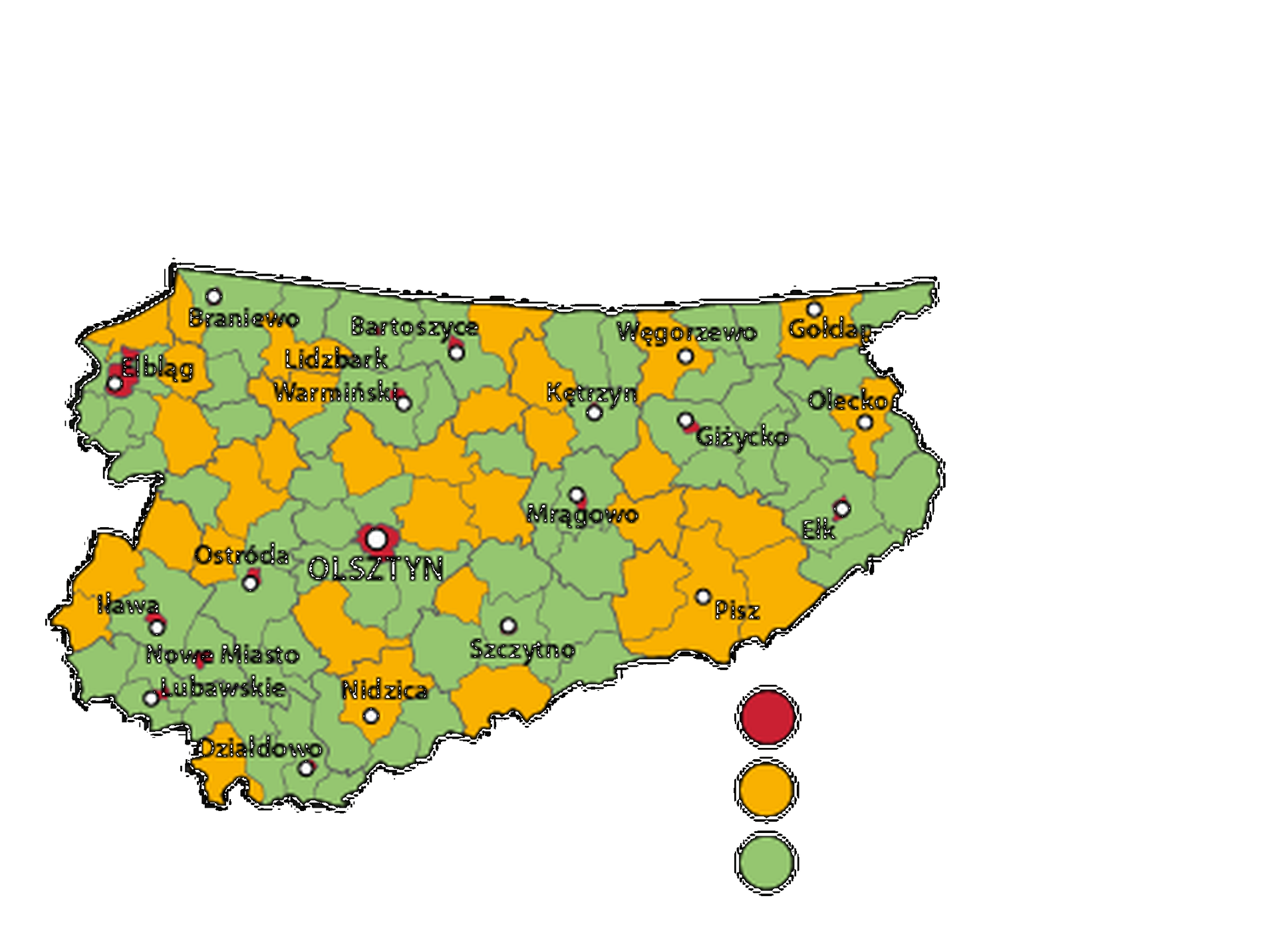 Mapa województwa warmińsko‑mazurskiego. Na mapie szarymi liniami zaznaczono granice powiatów ziemskich, białymi kropkami zaznaczono miasta będące stolicami powiatów. W obrębie powiatów ziemskich kolorami wyróżniono gminy miejskie (na czerwono), miejsko‑wiejskie (na żółto) i wiejskie (na zielono). Stolicą województwa jest Olsztyn. Stolicami gmin miejskich są Olsztyn, Ostróda, Elbląg, Braniewo, Bartoszyce, Lidzbark Warmiński, Kętrzyn, Ełk, Iława, Nowe Miasto Lubowskie, Szczytno, Działdowo, Giżycko. Stolicami gmin miejsko‑wiejskich są Olecko, Nidzica, Pisz, Węgorzewo, Gołdap.