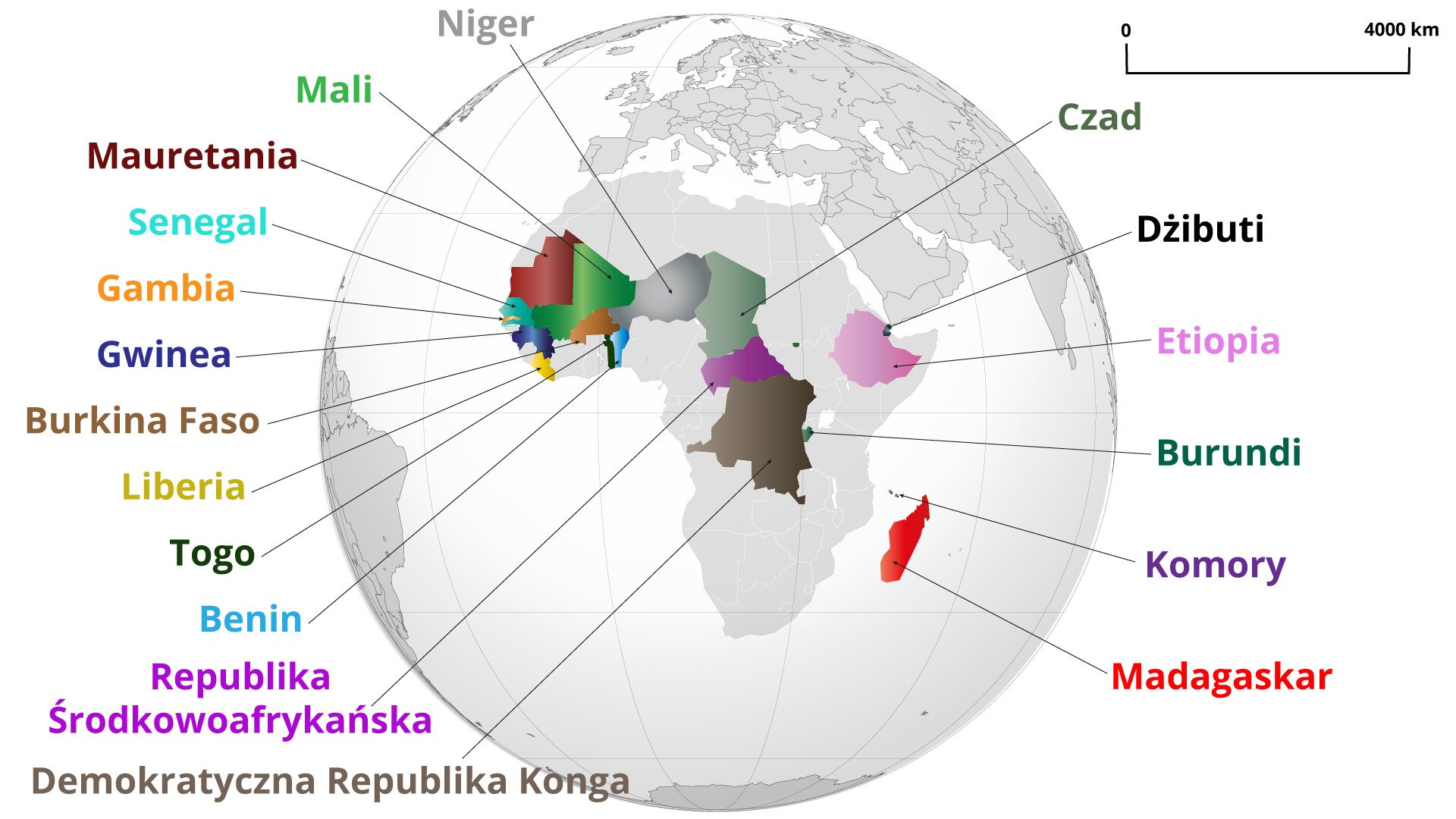 Na mapie świata zaznaczono Państwa afrykańskie otrzymujące Oficjalną Pomoc Rozwojową od Francji w 2018 r. Są to:  Niger, Mali, Mauretania, Senegal, Gambia, Gwinea, Burkina Faso, Liberia, Togo, Benin, Republika Środkowoafrykańska, Demokratyczna Republika Konga, Czad, Dżibuti, Etiopia, Burundi, Komory, Madagaskar.