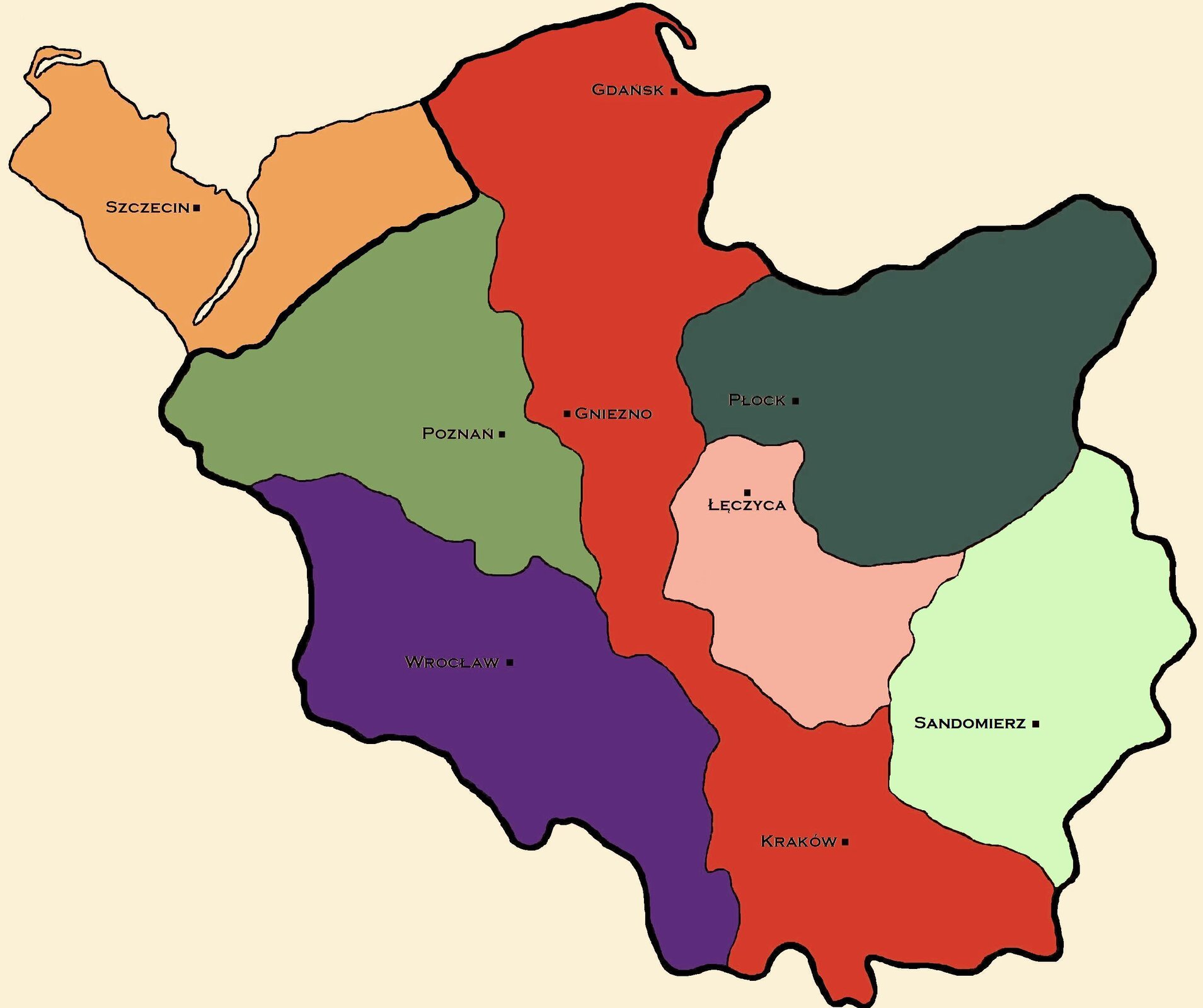 Mapa przedstawia rozbicie dzielnicowe. Kolorem żółtym zaznaczono fragment terenu obejmujący Szczecin. Kolorem jasnozielonym zaznaczono fragment Wielkopolski z Poznaniem. Kolorem fioletowym zaznaczono fragment terenu obejmujący Wrocław. Kolorem czerwonym zaznaczono długi pas rozciągający się z północy na południe i obejmujący Gdańsk, Gniezno i Kraków. Kolorem bladoróżowym zaznaczono fragment terenu obejmujący Łęczycę. Kolorem ciemnozielonym zaznaczono fragment Mazowsza z Płockiem. Kolorem bladozielonym zaznaczono ziemię sandomierską.