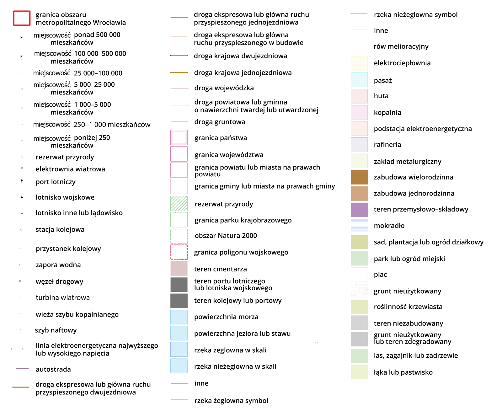 Ilustracja przedstawia legendę. Granice obszaru zostały oznaczone na czerwono, miejscowości w zależności od ilości mieszkańców kółeczkami z małą kropką w środku, lotniska samolotami, drogi i rzeki odcinkami różnych kolorów, reszta akwenów bądź innych obszarów oznakowane zostały kwadratami o różnokolorowym wypełnieniu.