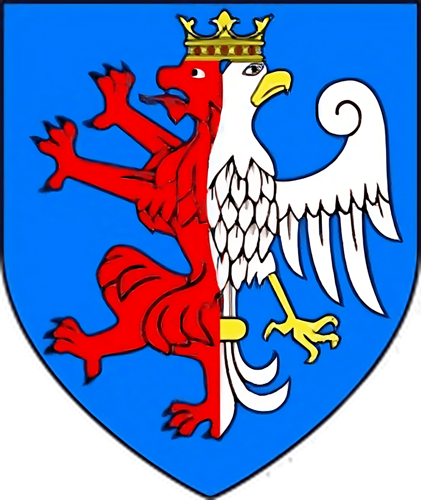Ilustracja przedstawia niebieski herb na białym tle. Na herbie widoczny jest lew i orzeł. Ukazane są one bokiem, a ich tułów jest ze sobą połączony. Lew jest czerwony, a orzeł biały. Dzielą na głowie żółtą koronę.