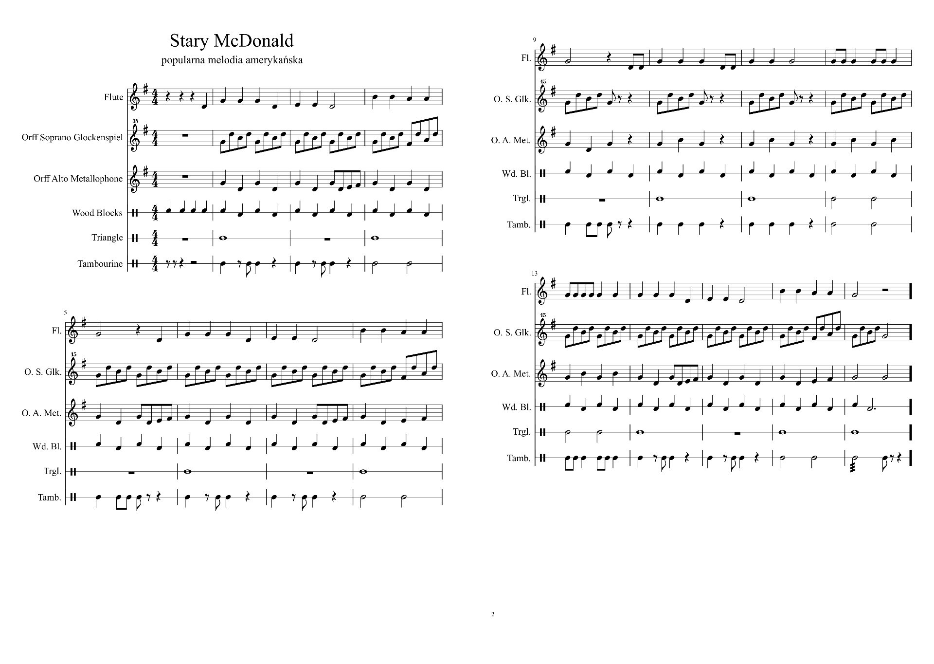 Ilustracja interaktywna przedstawia zapis nutowy „Stary McDonald" w aranżacji na instrumenty szkolne. W zapisie znajdują się partie: fletu, dzwonków, metalofonu, pudełka akustycznego, trójkąta, tamburynu. Przy kluczach wiolinowych pojawia się jeden krzyżyk fis. Metrum utworu to cztery czwarte.