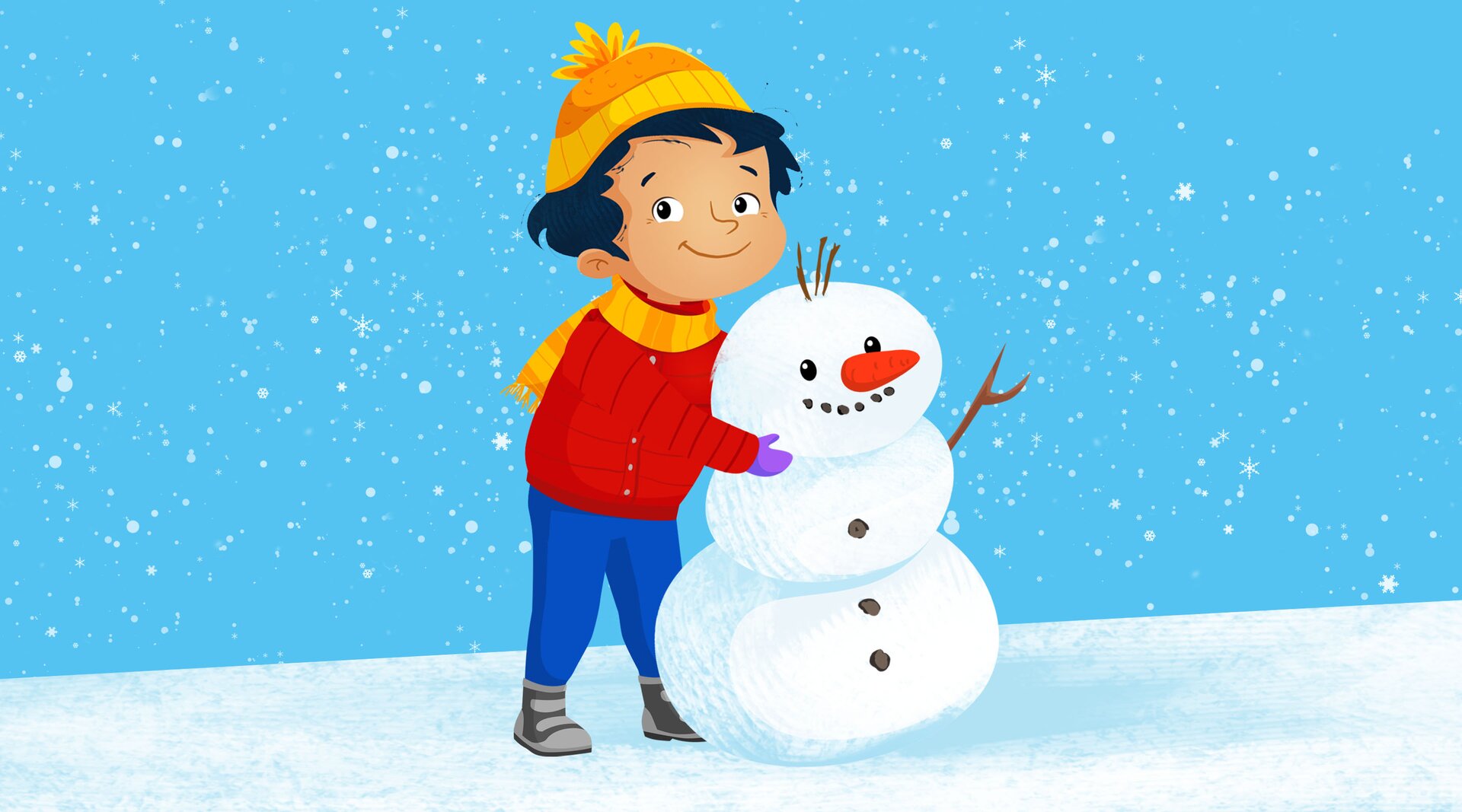 Na ilustracji znajduje się chłopiec, który lepi bałwana.