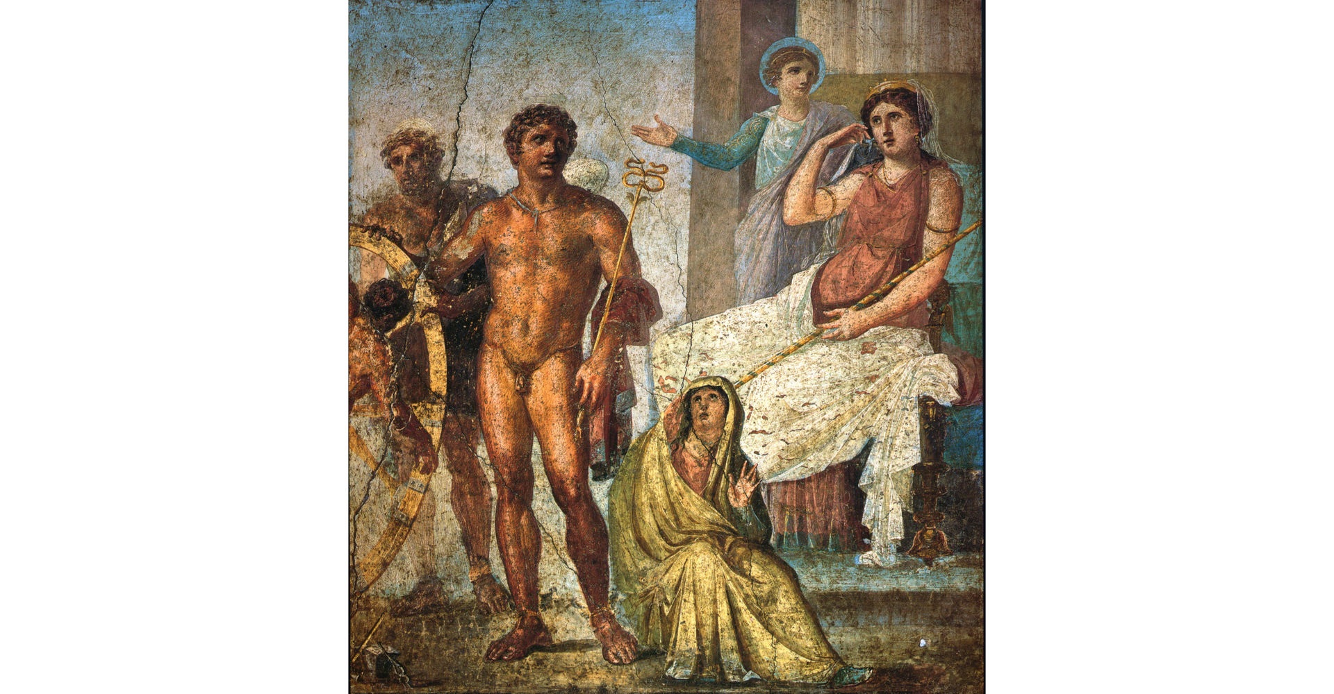 Zdjęcie przedstawia malowidło z Pompejów, na którym znajduje się bóg handlu, kupców i złodziei - Merkury. Mężczyzna w centrum malowidła jest nagi. Po prawej stronie widoczne są trzy kobiety, a za nim po lewej znajduje się mężczyzna.