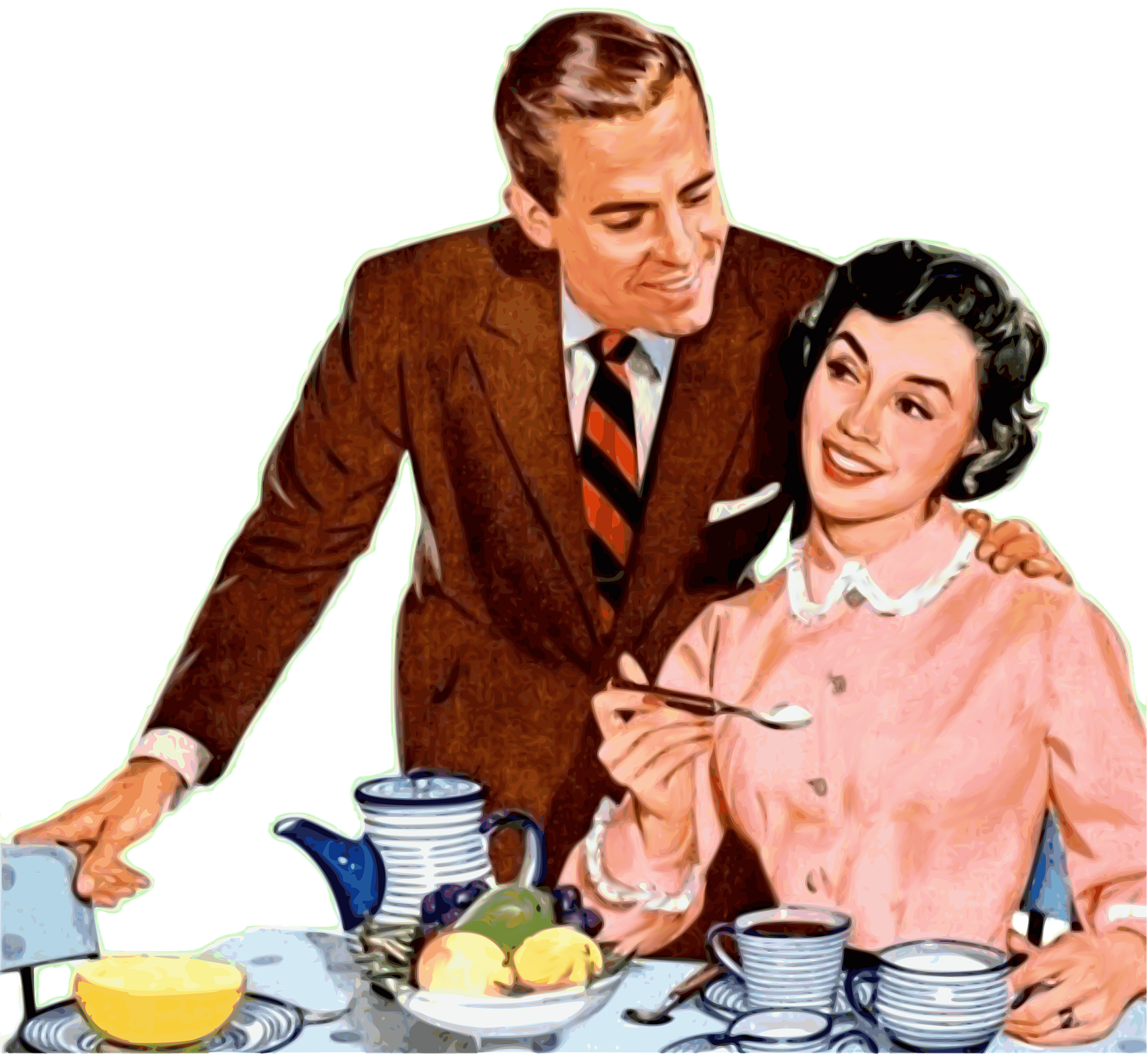 Ilustracja przedstawia młodą uśmiechniętą kobietę siedzącą przy zastawionym stole. Kobieta słodzi napój znajdujący się w kubku stojącym na stole. Za plecami kobiety stoi młody uśmiechnięty mężczyzna. Obejmuje lewe ramię kobiety ręką, nachyla się nad nią. Na stole stoją kubki, dzbanek, owoce, talerze i miseczki.