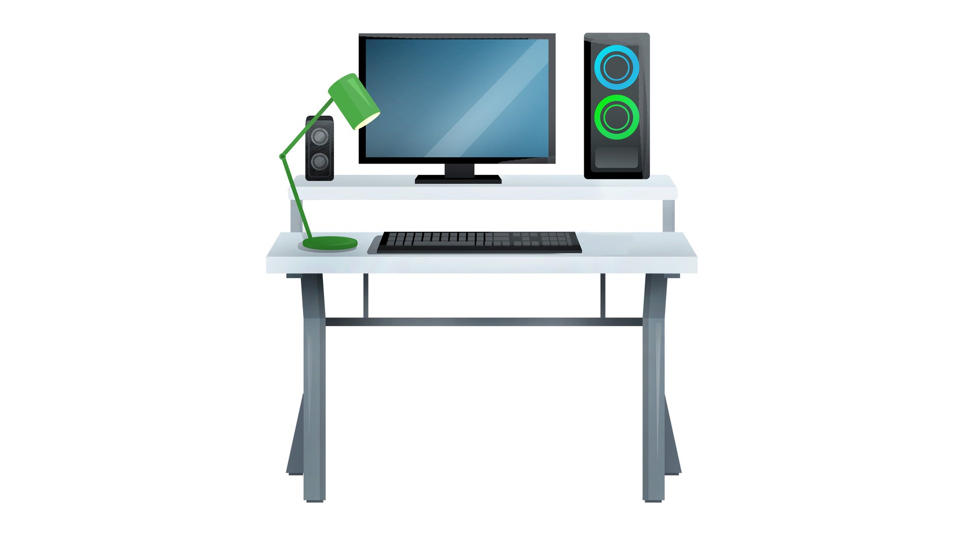 Ilustracja przedstawia komputer stojący na białym biurku. Widoczny jest monitor, komputer, głośniki, klawiatura i zielona lampka. 