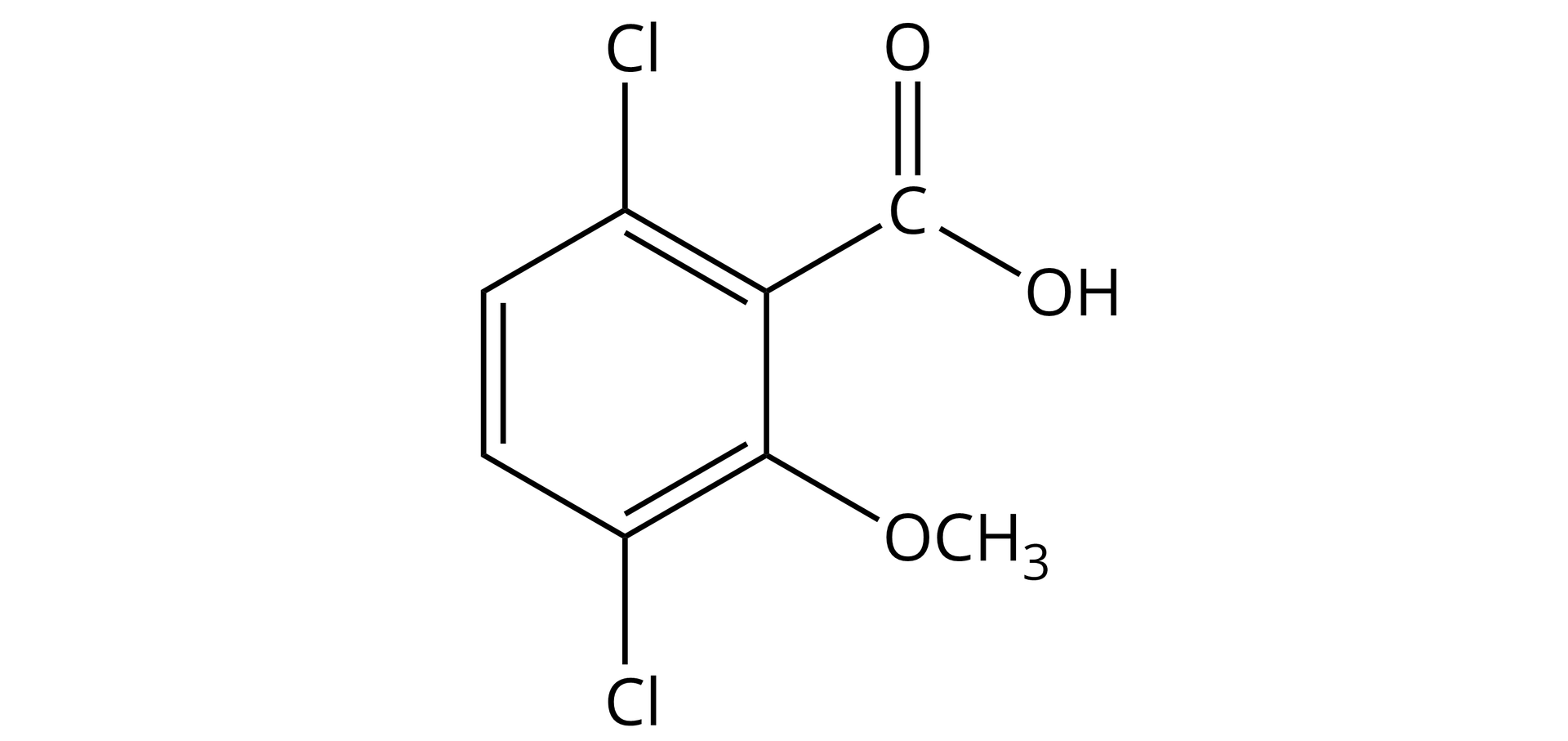 Ilustracja przedstawia wzór dikamba. W jego strukturze są atomy wodoru, węgla, tlenu i chloru. Obecny jest pierścień benzenowy podstawiony atomami chloru, grupą metoksylową - −   O C H   3   oraz grupą karboksylową.