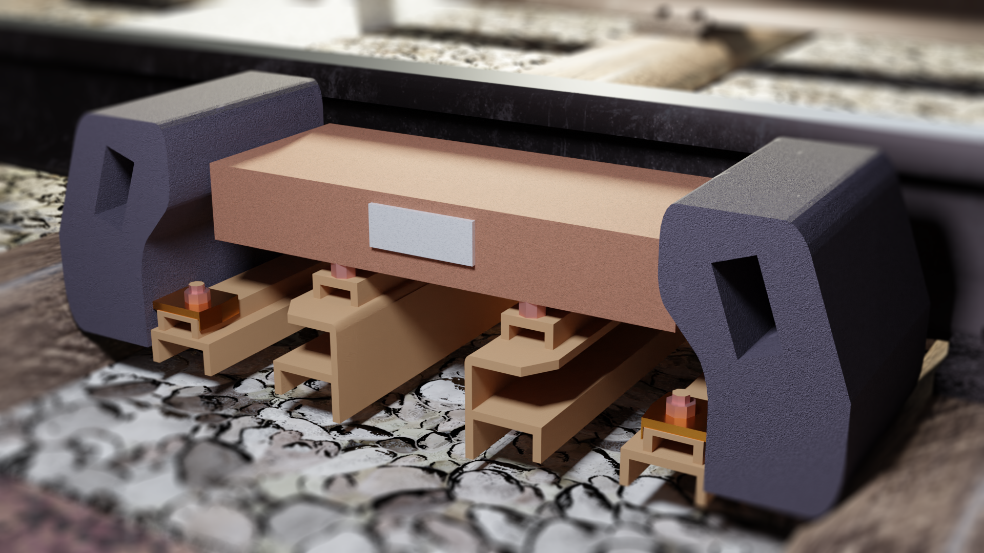 Grafika przedstawia urządzenie nazywane rezonatorem torowym. Urządzenie umieszczane jest przy szynach, po zewnętrznej stronie torów. Ma postać skrzynki, wewnątrz której znajduje się obwód rezonansowy. Skrzynka ustawiona jest równolegle do szyny i stoi na podstawkach. Po bokach skrzynki znajdują się zagięte w jej kierunku i zaokrąglone osłony.