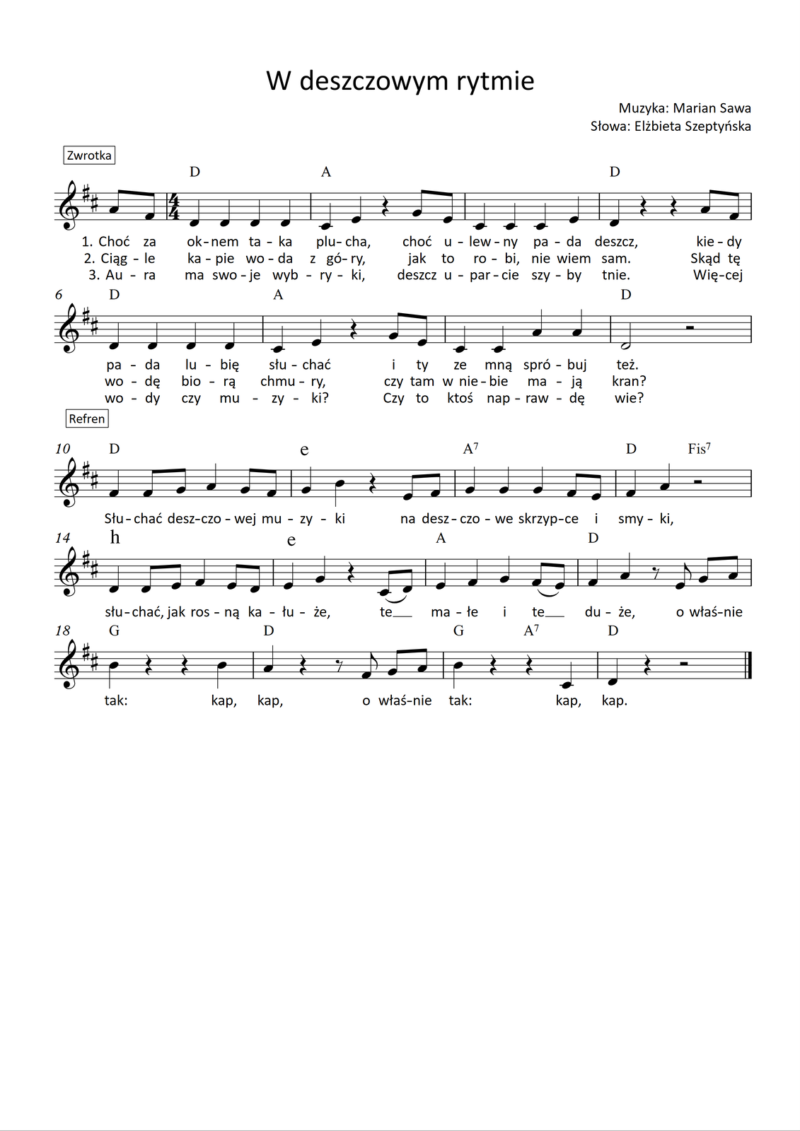 Partytura piosenki „W deszczowym rytmie”