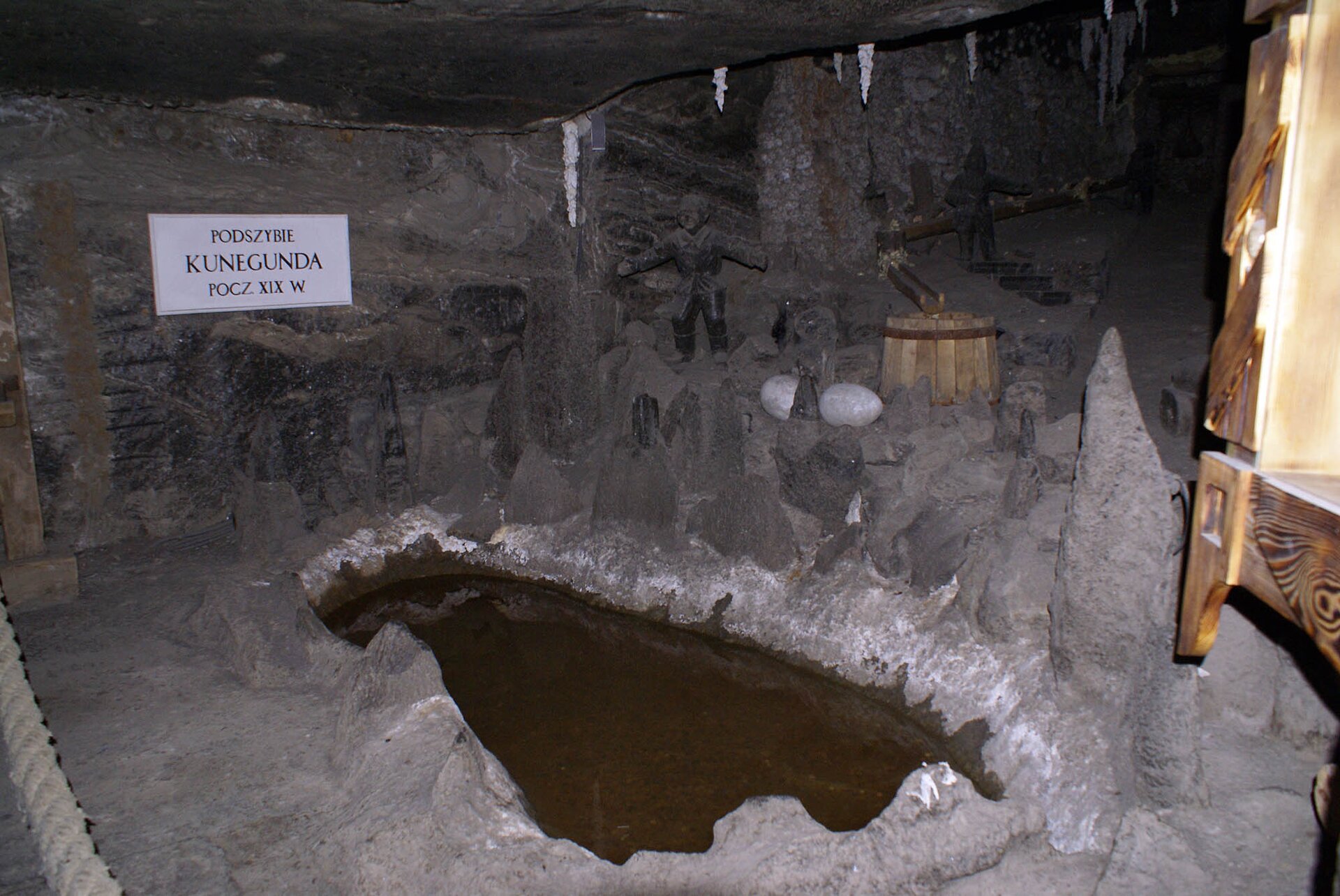 Zdjęcie ukazuje podszybie Kunegunda. Na zdjęciu widoczne jest oczko wodne, wokół niego stalagmity, z sufitu zwisają stalaktyty. Na skalnej ścianie jest tabliczka z napisem: Podszybie Kunegunda początek dziewiętnastego wieku.