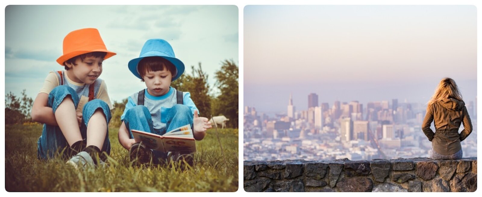 Ilustracja podzielona jest na dwie części. Na pierwszej znajdują się chłopcy, który czytają książkę na łące. Na drugiej znajduje się siedząca na murku kobieta. W tle widać panoramę miasta. Transkrypcja dostępna jest poniżej.