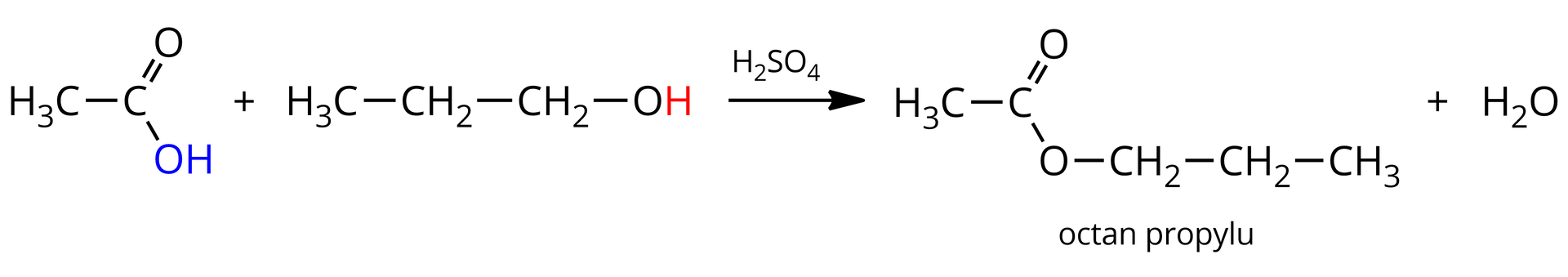 Na ilustracji jest równanie reakcji: kwas octowy + propanol pod wpływem kwasu siarkowego daje octan propylu + woda.