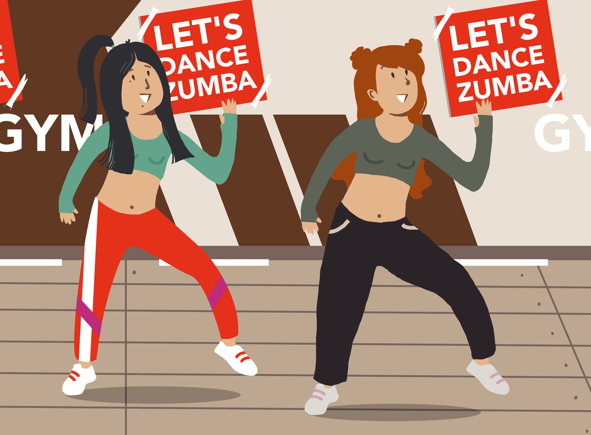 Ilustracja przedstawia dwie dziewczyny w sportowych strojach. Znajdują się na sali sportowej. Obie tańczą zumbę. Za nimi wiszą plakaty z napisem Let's dance zumba.