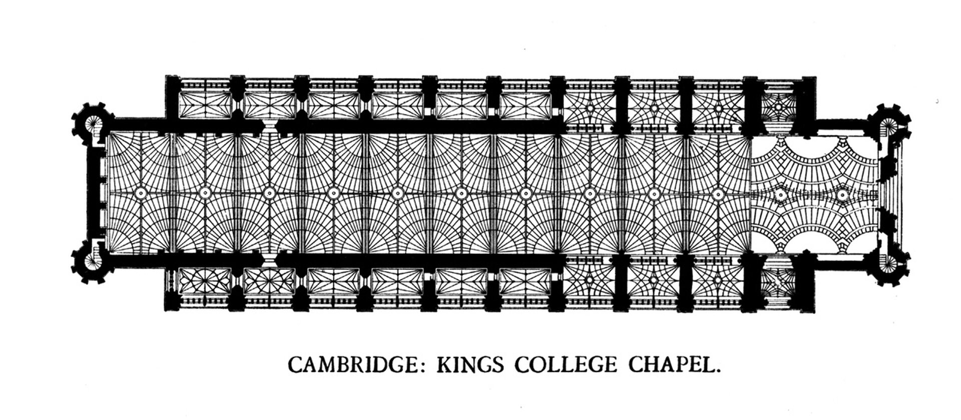 Ilustracja interaktywna o kształcie poziomego prostokąta przedstawia plan kaplicy w Królewskim Kolegium, Cambridge. Plan katedry jest w kształcie prostokąta. Jest dwuosiowy. Prezbiterium zamknięte jest prosto. Na planie oznaczony został podział na przęsła oraz rysunek sklepienia. 