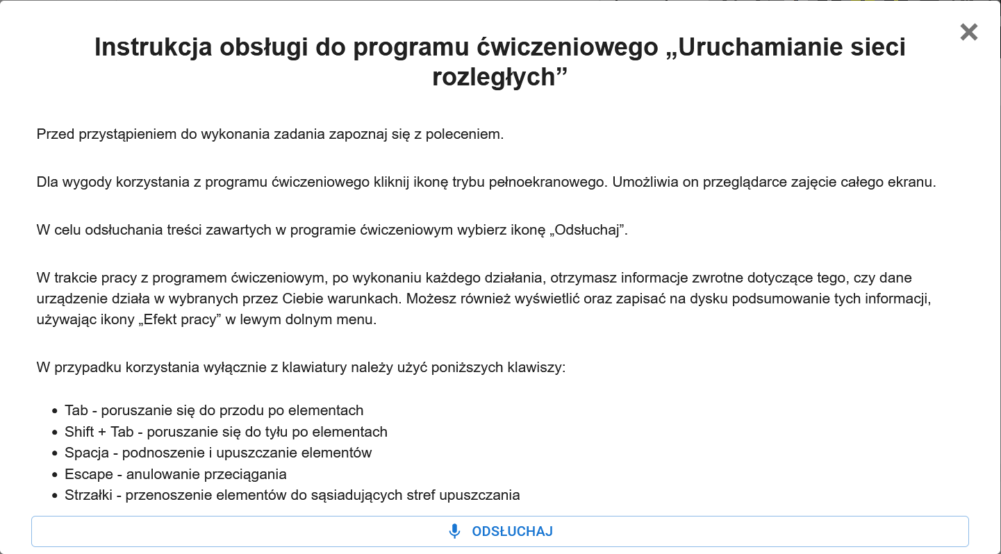 Ilustracja przedstawia prostokąty panel zawierający treść instrukcji. Poniżej tekstu znajduje się przycisk "odsłuchaj", dzięki któremu uczeń może wysłuchać nagrania z treścią tożsamą.