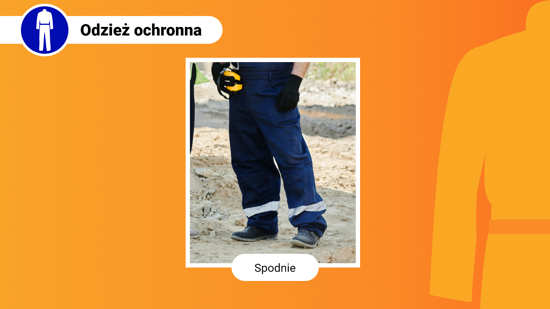 Zdjęcie w ramce z podpisem: spodnie. Przedstawia mężczyznę w granatowych, szerokich spodniach. Spodnie w dolnej części nogawek posiadają kontrastowy pasek.
