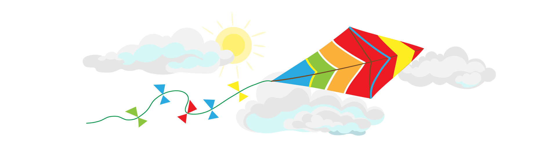 Ilustracja przedstawia niebo ze słońcem i jasnymi chmurami. Po niebie leci latawiec w kolorach: czerwonym, żółtym, pomarańczowym, zielonym i niebieskim. Do znajdującego się przy nim sznurka przyczepiono pięć kokardek: zieloną, niebieską, czerwoną, kolejną niebieską oraz żółtą.