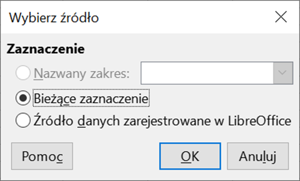 Ilustracja przedstawia okno dialogowe Wybierz źródło. Zaznaczona jest opcja bieżące zaznaczenie. Poniżej znajdują się trzy przyciski: Pomoc, OK i Anuluj.