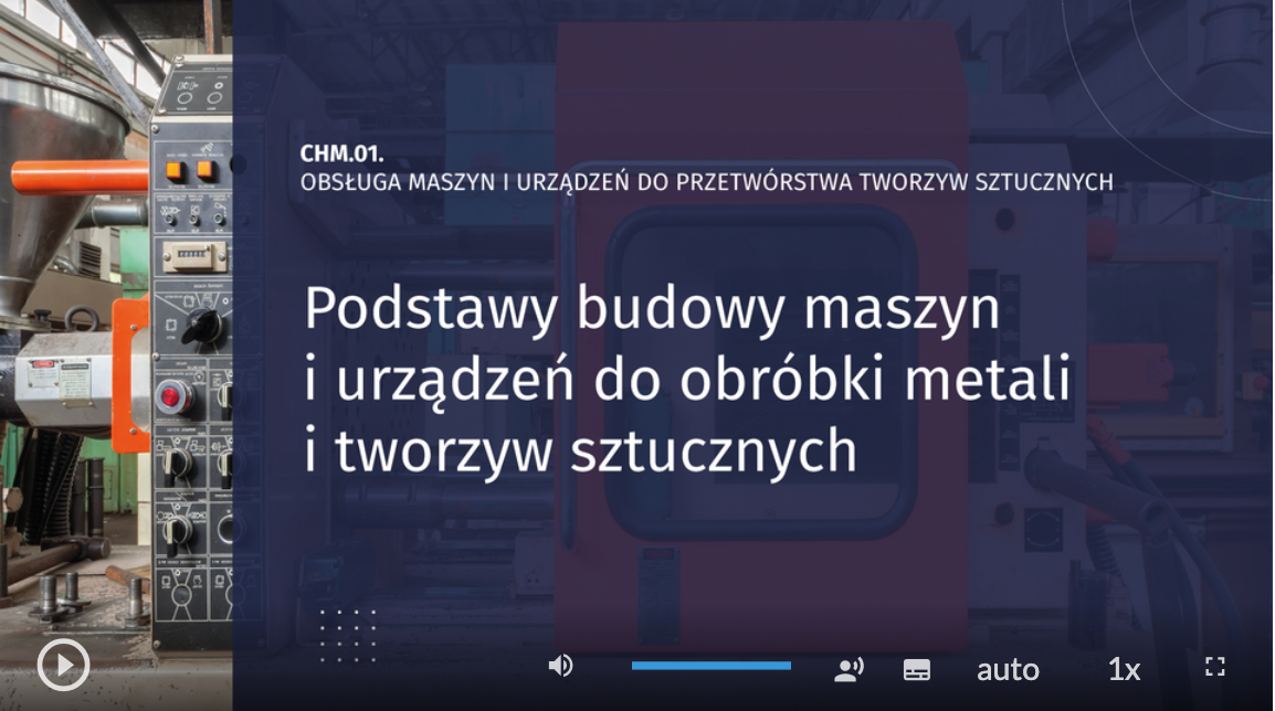 Ilustracja przedstawia ekran startowy animacji. Zawiera numer lekcji, jej temat oraz tytuł filmu. U dołu po lewej stronie znajduje się ikona przedstawiająca trójkąt znajdujący się wewnątrz okręgu. Po prawej stronie mamy ikonę głośnika, wąski niebieski pasek ilustrujący poziom głośności, ikona karty z napisami, napis auto, napis 1 znak mnożenia, kwadratowa ramka.