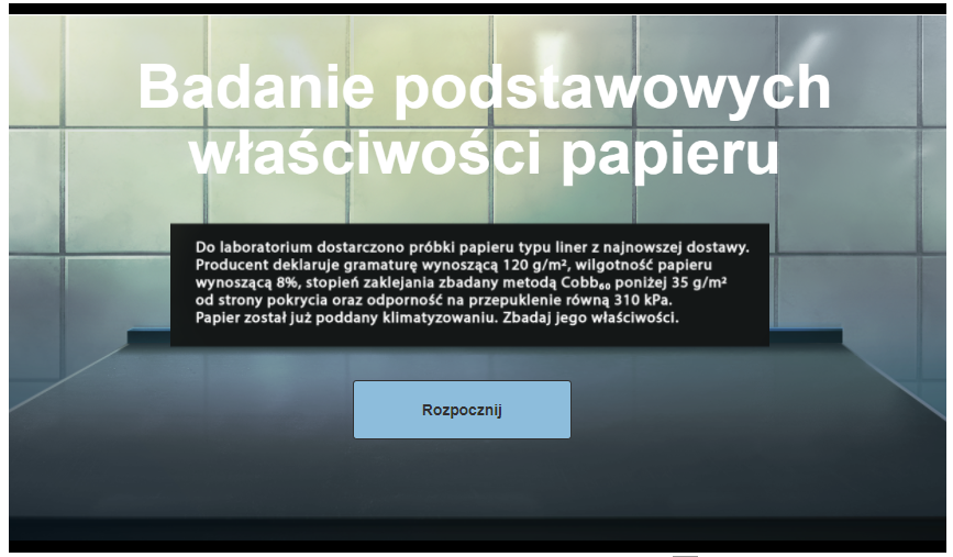 Grafika przedstawia panel polecenia wirtualnego laboratorium. Na górze znajduje się nazwa multimedium, poniżej polecenie, pod nim zaś przycisk „Rozpocznij”, umożliwiający podjęcie działań w laboratorium. 