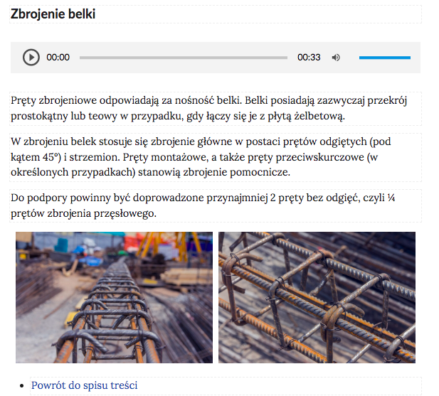 Ilustracja przedstawia zdjęcia prętów zbrojeniowych, powyżej nich teksty opisujące grafiki, zaś na samej górze pasek odtwarzania.