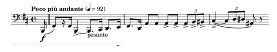 Ilustracja przedstawia zapis nutowy na pięciolinii utworu Siergieja Prokofiewa, „Piotruś i wilk”, temat Dziadka – fagot.