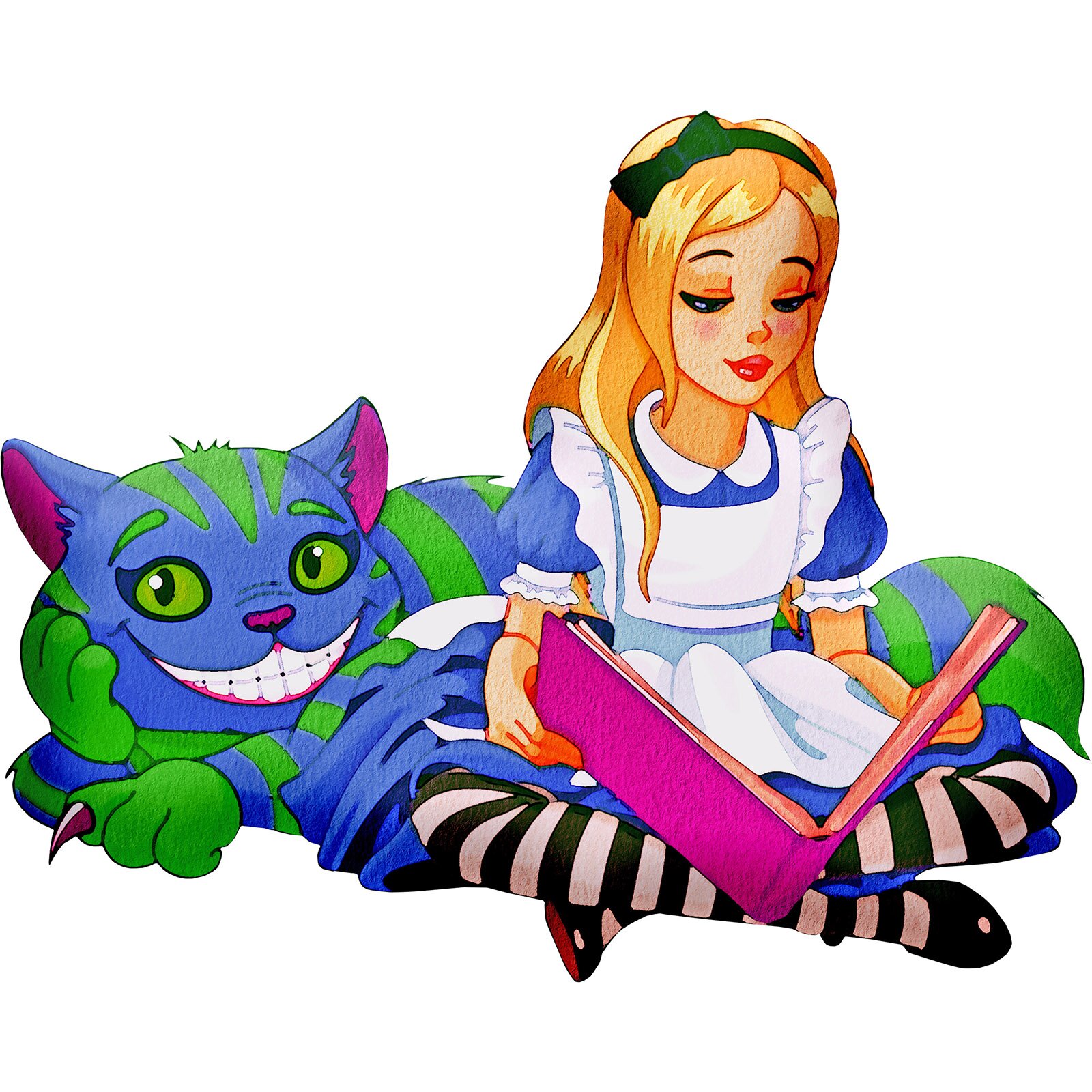 Grafika przedstawia siedzącą po turecku dziewczynkę oraz uśmiechniętego, leżącego za nią kota, który ma wielkość dziewczynki. Dziewczynka ma długie, jasne włosy, przepasane zieloną opaską z kokardą. Jest ubrana w niebieską sukienkę z białym kołnierzykiem i mankietami, na którą ma założony biały fartuszek, oraz rajstopy w biało‑czarne poziome paski i czarne buty. Ma lekko pochyloną głowę, a rękach trzyma książkę w różowej okładce. Z tyłu za nią widoczny jest niebieski kot w zielone paski, z różowymi uszami, który podpiera głowę przednią łapą.