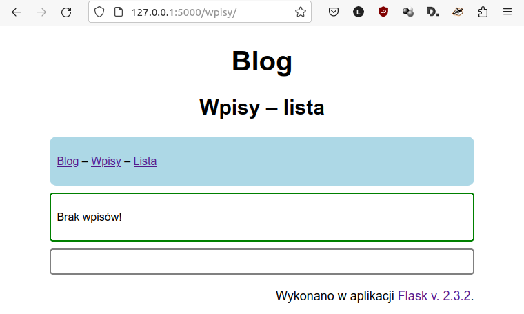Zrzut ekranu przedstawia komunikat o treści: Brak wpisów! U góry okna znajduje się pasek do wyszukiwania. Poniżej duży napis: Blog. Poniżej: Wpisy - lista. Natomiast pod nimi znajdują się przyciski opisane kolejno: blog, wpisy i lista.  
