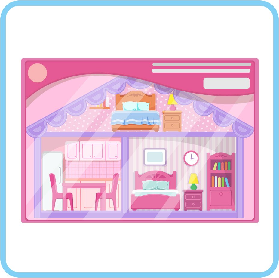 Ilustracja przedstawia pudełko z domkiem dla lalek. Domek składa się z kuchni i dwóch sypialni.