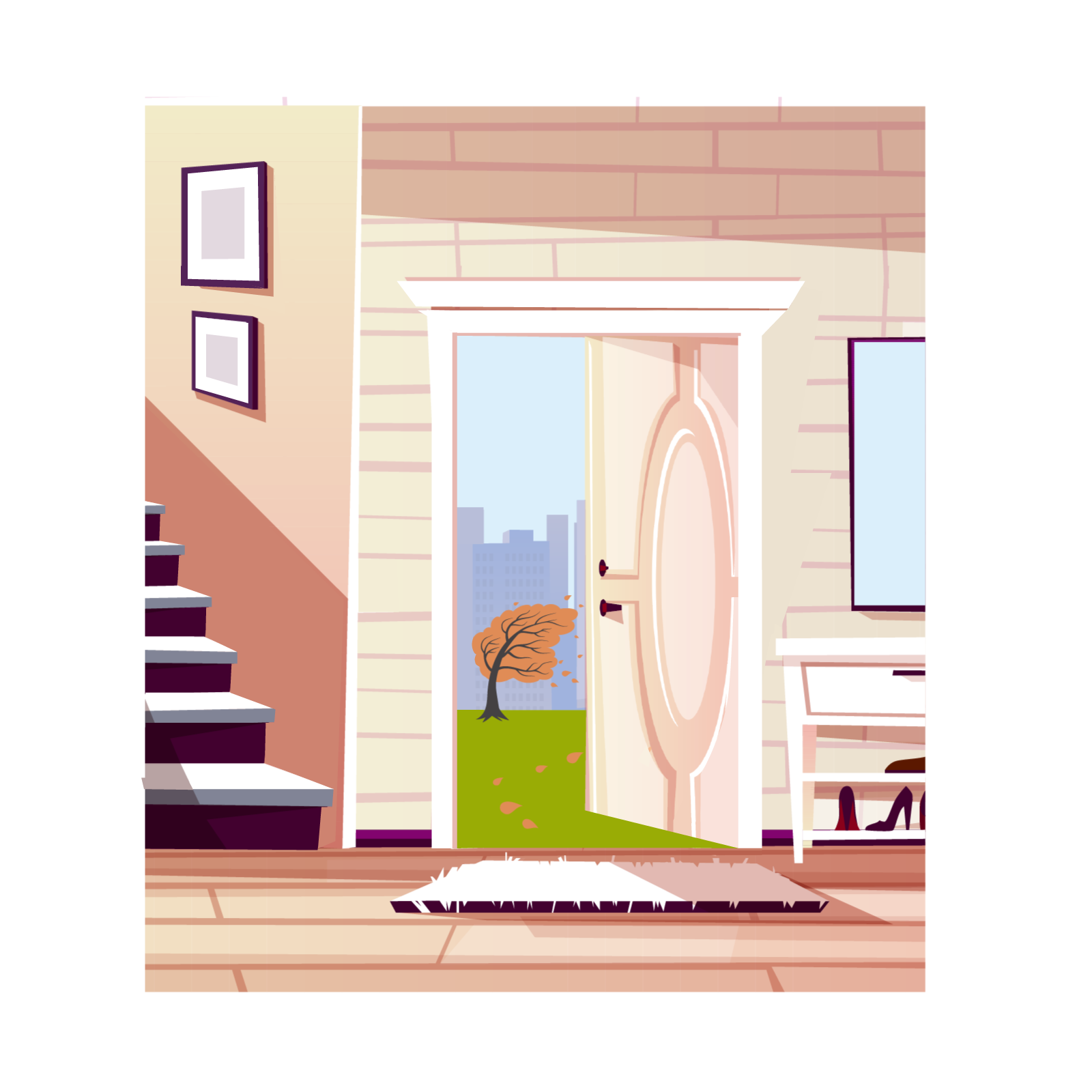 Ilustracja przedstawia fragment przedpokoju, w którym widzimy otwarte, białe drzwi wyjściowe, za którymi widać drzewo wyginające się na wietrze.