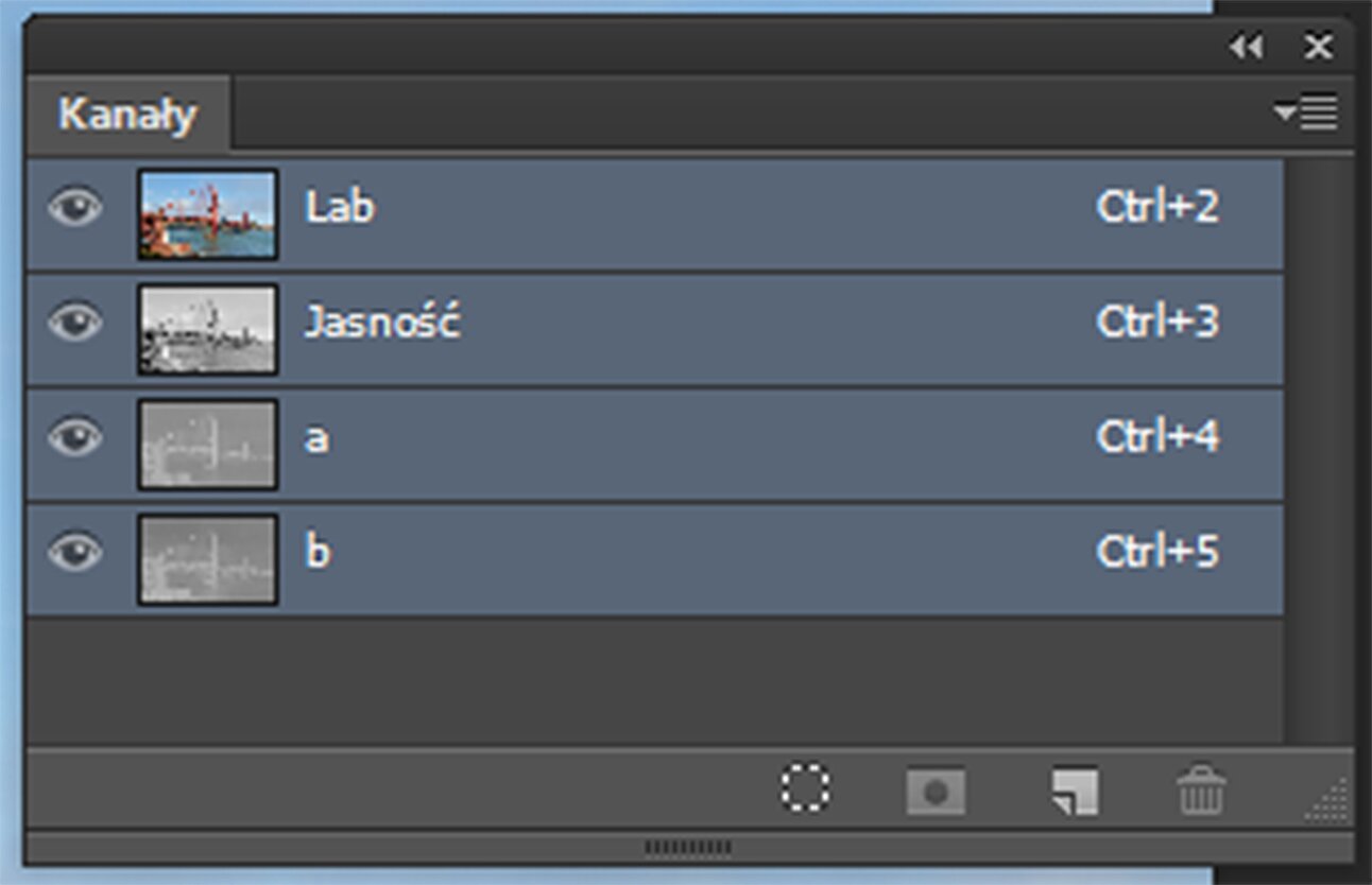 Ilustracja przedstawiająca panel Kanał, w którym umieszczono kanały przestrzeni barwnej Lab. Są to cztery warstwy kolejno od góry: Lab, Jasność, a, b. 