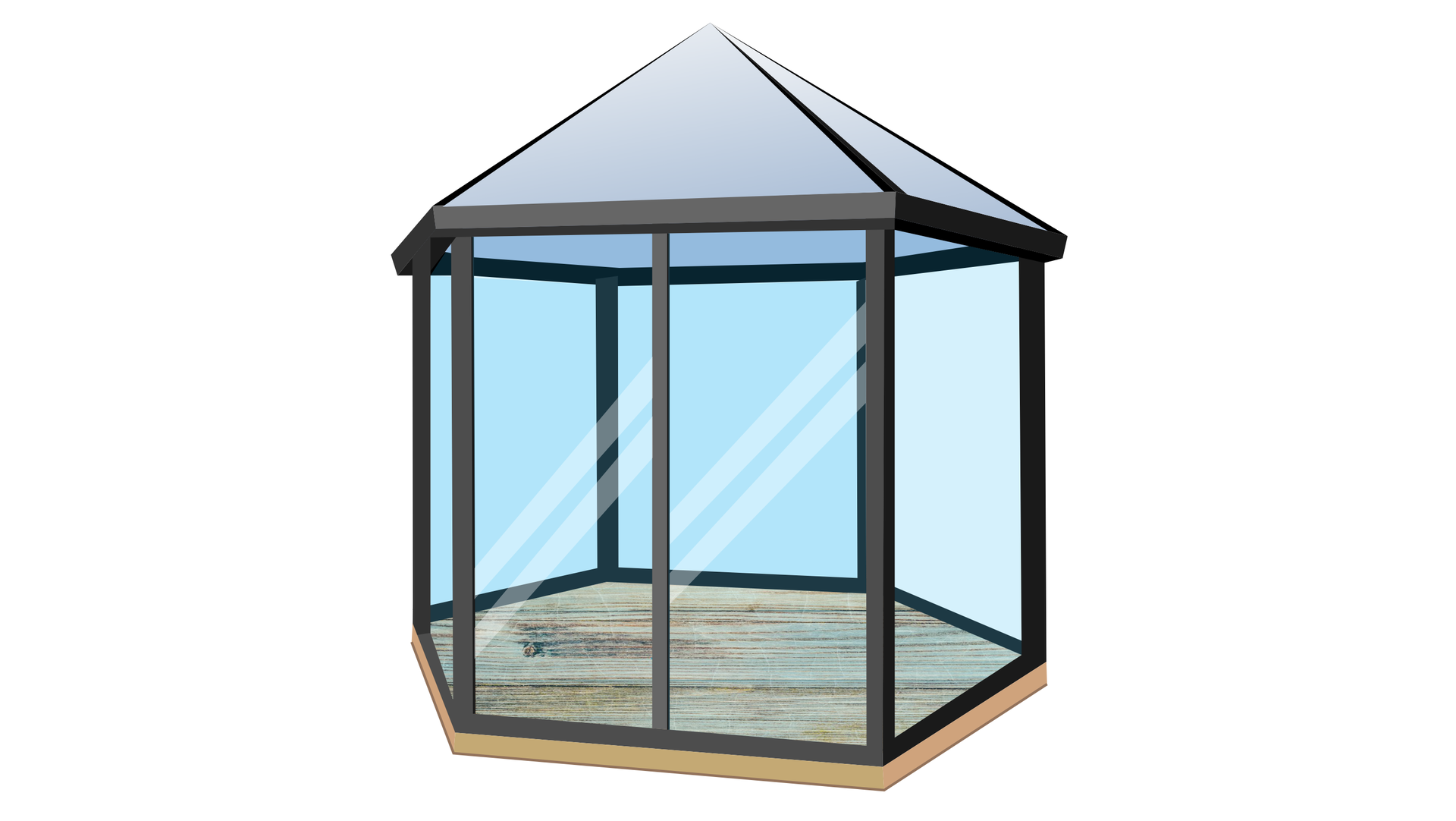 Grafika przedstawia przeszklony ogród zimowy w kształcie graniastosłupa prawidłowego sześciokątnego z dachem w kształcie ostrosłupa.