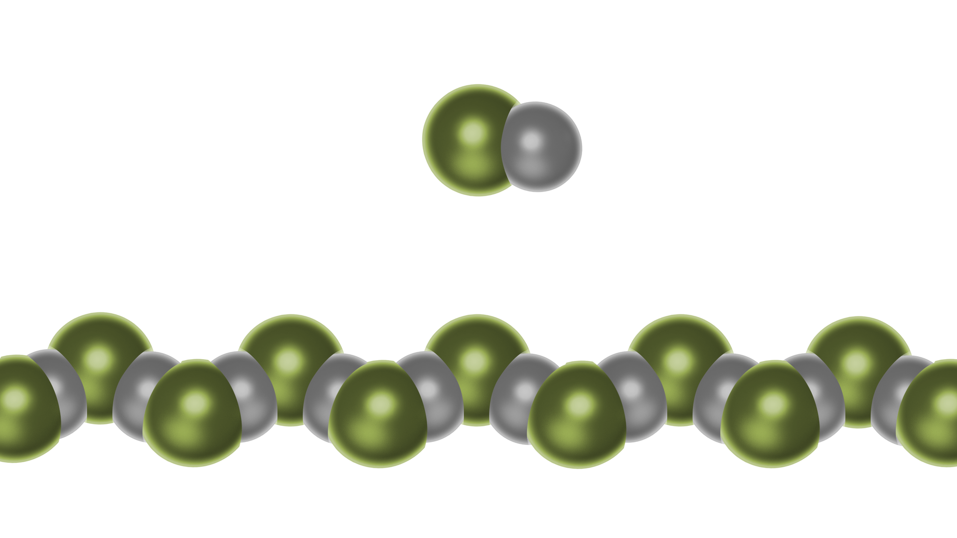 Ilustracja przedstawiająca łańcuch utworzony przez zasocjowane cząsteczki fluorowodoru, które to zbudowane są z atomu wodoru symbolizowanego przez małą białą kulkę oraz przylegające do nich atomy fluoru reprezentowane przez duże, zielone kulki. Łańcuch ma postać zygzaka, w którym atom wodoru jednej cząsteczki fluorowodoru skierowany jest do atomu fluoru drugiej cząsteczki tak, że w łańcuchu atomy fluoru i wodoru ułożone są naprzemiennie. Nad łańcuchem znajduje się pojedyncza cząsteczka fluorowodoru składająca się z dużej, zielonej kulki oraz przylegającej do niej małej, białej kulki.