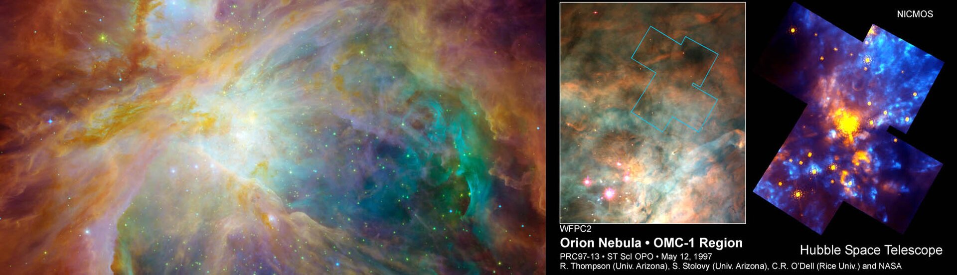 Ilustracja składa się z trzech zdjęć. Każde zdjęcie przedstawia rodzące się gwiazdy w mgławicy. Widać rozmazane kolorowe wstęgi w całym kadrze zdjęcia pierwszego i drugiego. Na trzecim zdjęciu kolorowe rozmazane wstęgi na czarnym tle. 