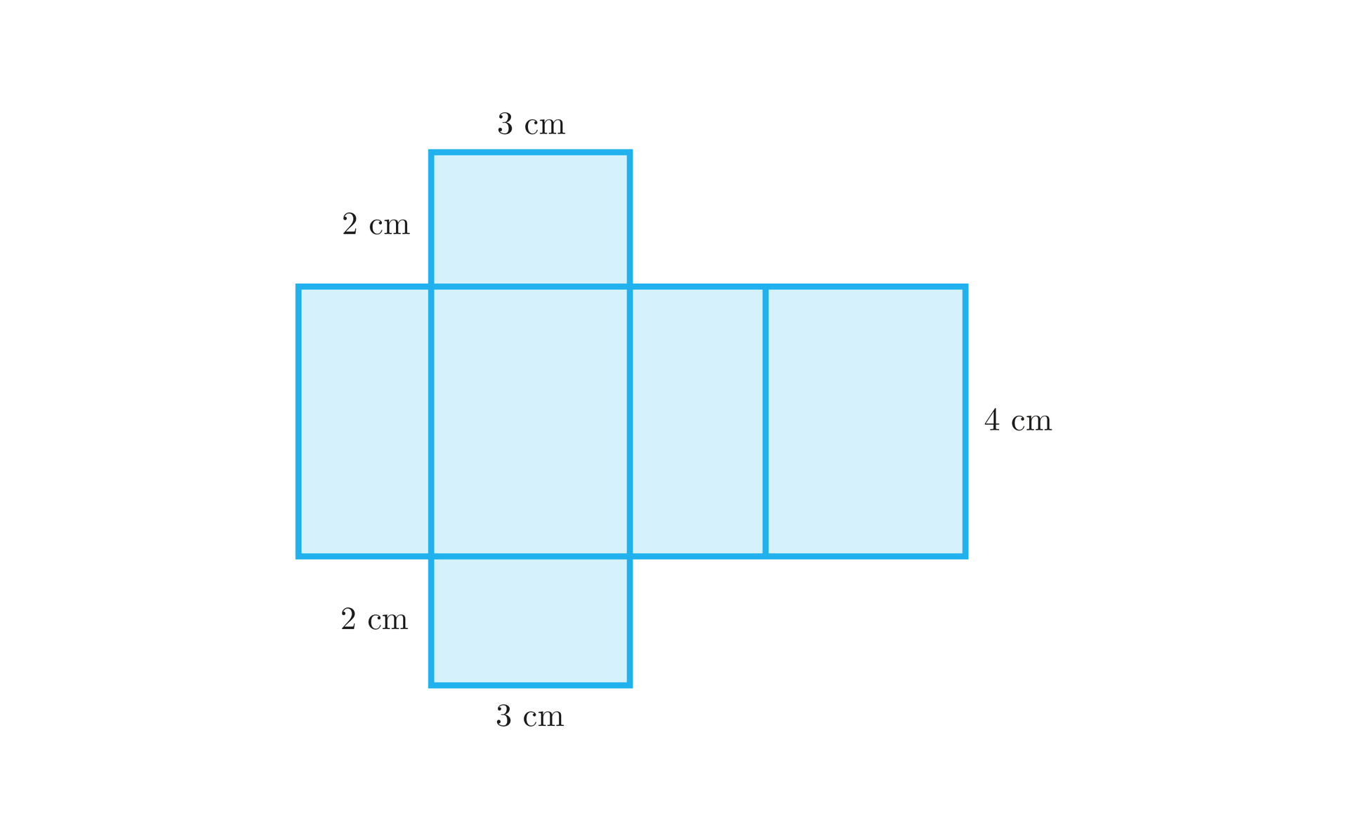 Na ilustracji przedstawiono siatkę prostopadłościanu, składającą się przyległych do siebie kolejno prostokątów, o następujących wymiarach. Ściana 2 centymetry na 4 centymetry, 3 centymetry na 4 centymetry, 2 centymetry na 4 centymetry, 3 centymetry na 4 centymetry. Do drugiego z kolei prostokąta, o wymiarach 3 centymetry na 4 centymetry, do górnej, oraz do dolnej podstawy przylega prostokąt o wymiarach 2 centymetry na 3 centymetry.
