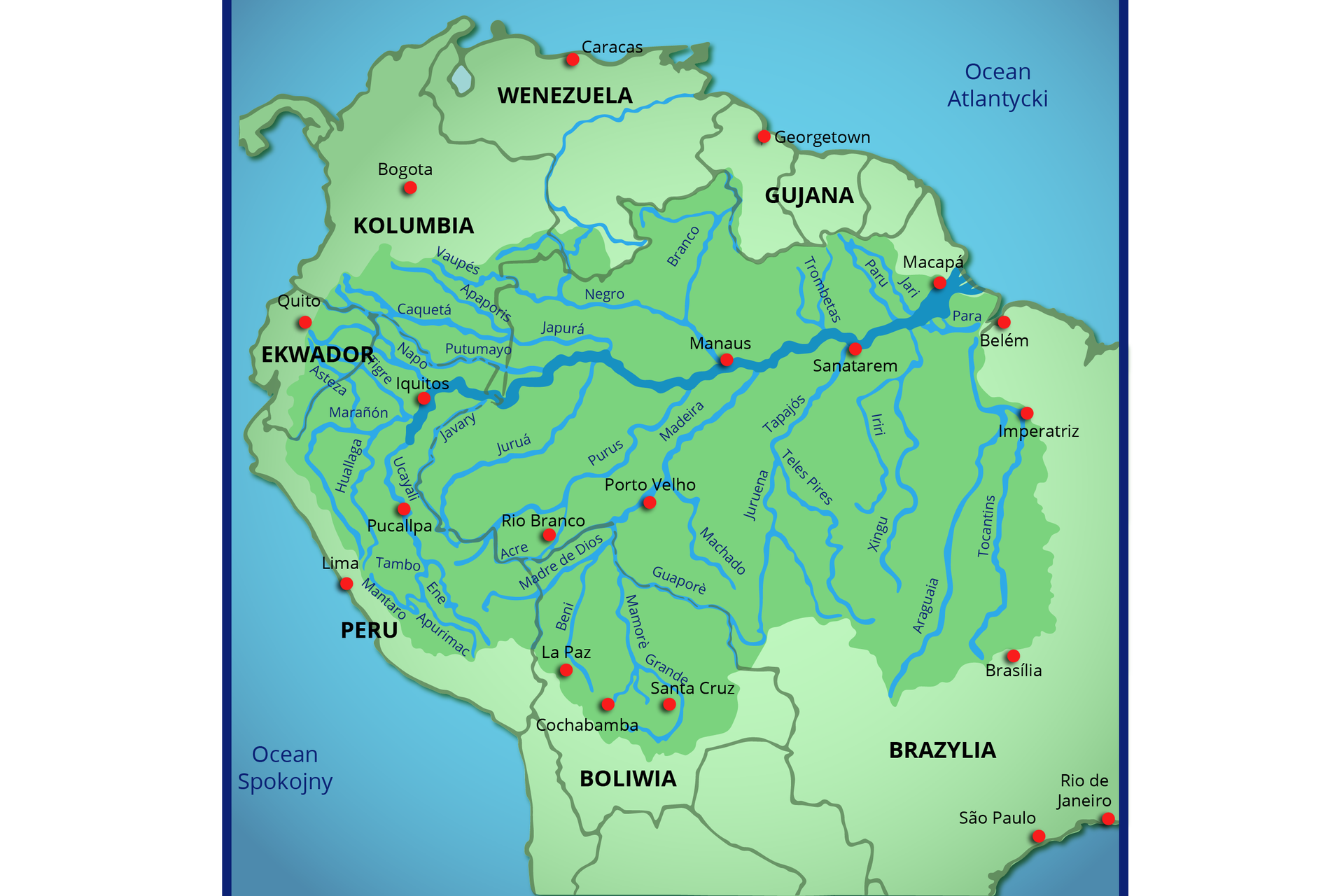 Na mapie Ameryki Południowej zaznaczono Amazonkę wraz z dorzeczami. Płynie przez Peru i Brazylię oraz częściowo, jako rzeka graniczna, przez Kolumbię. Niektóre dorzecza to: Purus - Peru/Brazylia, Madeira - Boliwia/Brazylia, Tocantins - Brazylia, Araguaia - Brazylia (dopływ Tocantins), Rio Negro - Ameryka Południowa, Xingu - Brazylia, &lt;/Tapajós Brazylia, Guaporé Brazylia/Boliwia. 