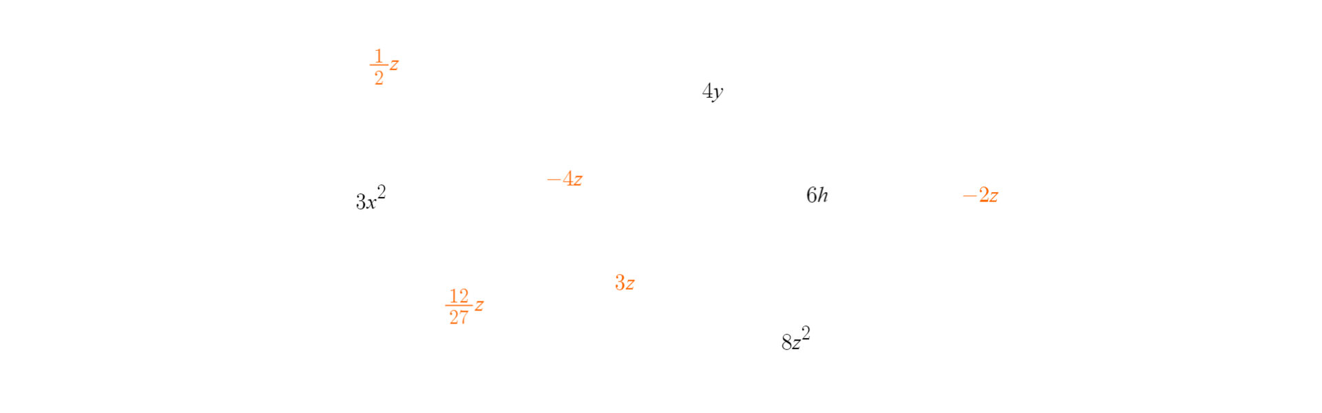 Rysunek przedstawia jednomiany: jedna druga z, cztery y, trzy razy kwadrat liczby x, minus cztery z, sześć h, minus dwa z, dwanaście dwudziestych siódmych z, trzy z, osiem razy kwadrat liczby z. Wyróżnione jednomiany podobne: jedna druga z, minus cztery z, trzy z, minus dwa z, dwanaście dwudziestych siódmych z.