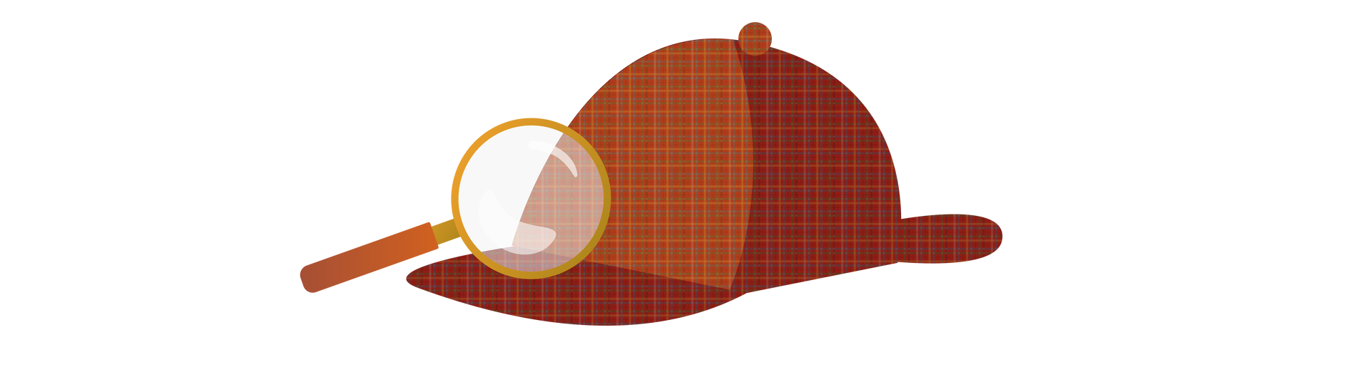 Ilustracja przedstawia brązową czapkę detektywistyczną w delikatną kratę. Ma dwa daszki – jeden z przodu, jeden z tyłu. Po jej lewej stronie znajduje się okrągła lupa z brązową rączką.