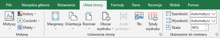 Ilustracja przedstawia wstążkę, z której wybrano zakładkę Układ strony.  