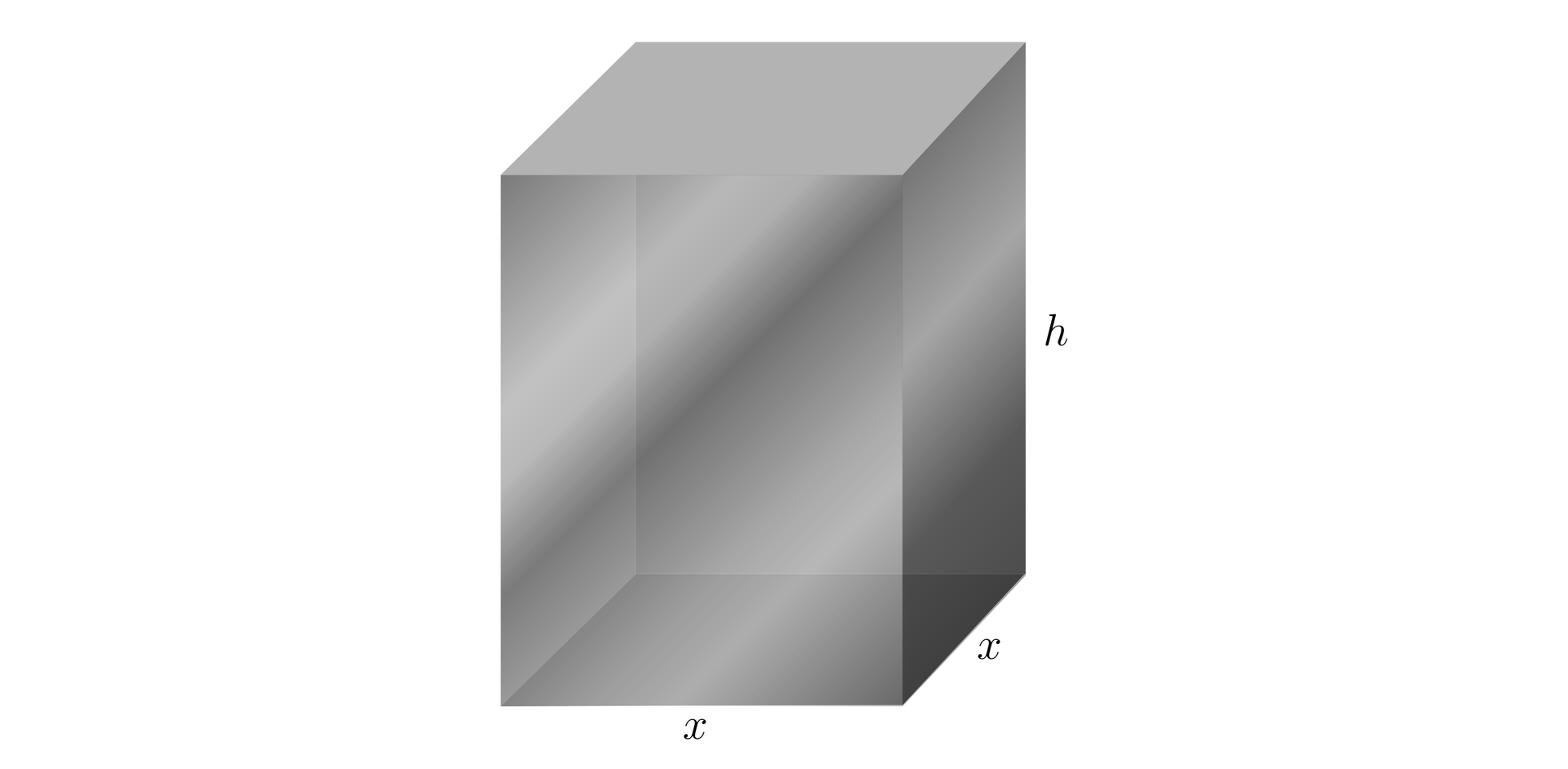 Ilustracja przedstawia prostopadłościan o podstawie będącej kwadratem o boku x oraz o wysokości h.