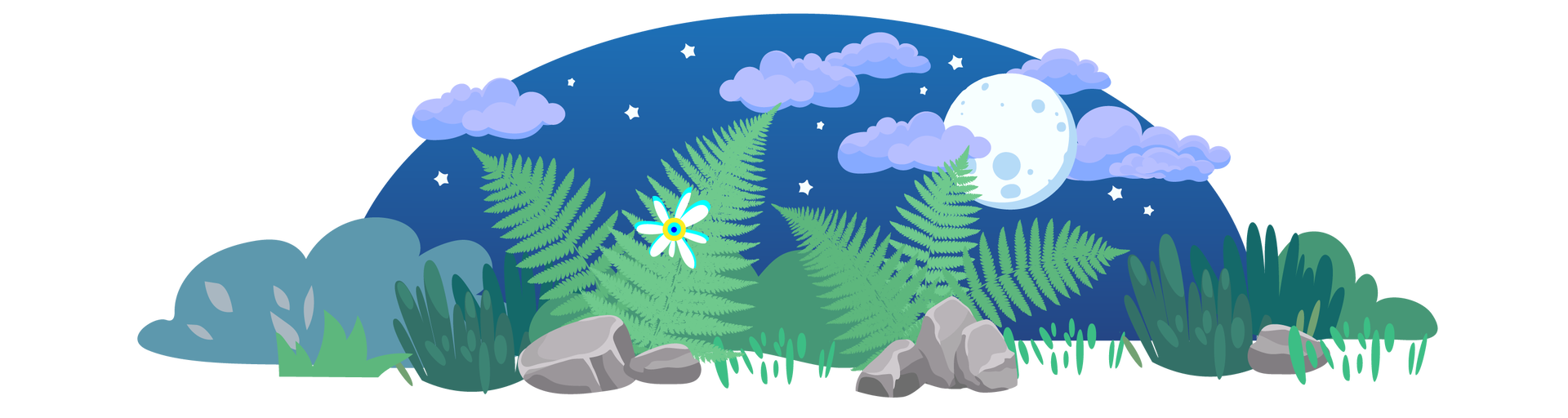 Ilustracja przedstawia nocny krajobraz. W tle widać granatowe niebo z ciemnymi chmurami, okrągłym księżycem i białymi gwiazdami. Na ziemi rosną wysokie trawy i duże liście paproci. Z jednego z nich wyrasta biały kwiat. Dookoła leży kilka szarych kamieni.
