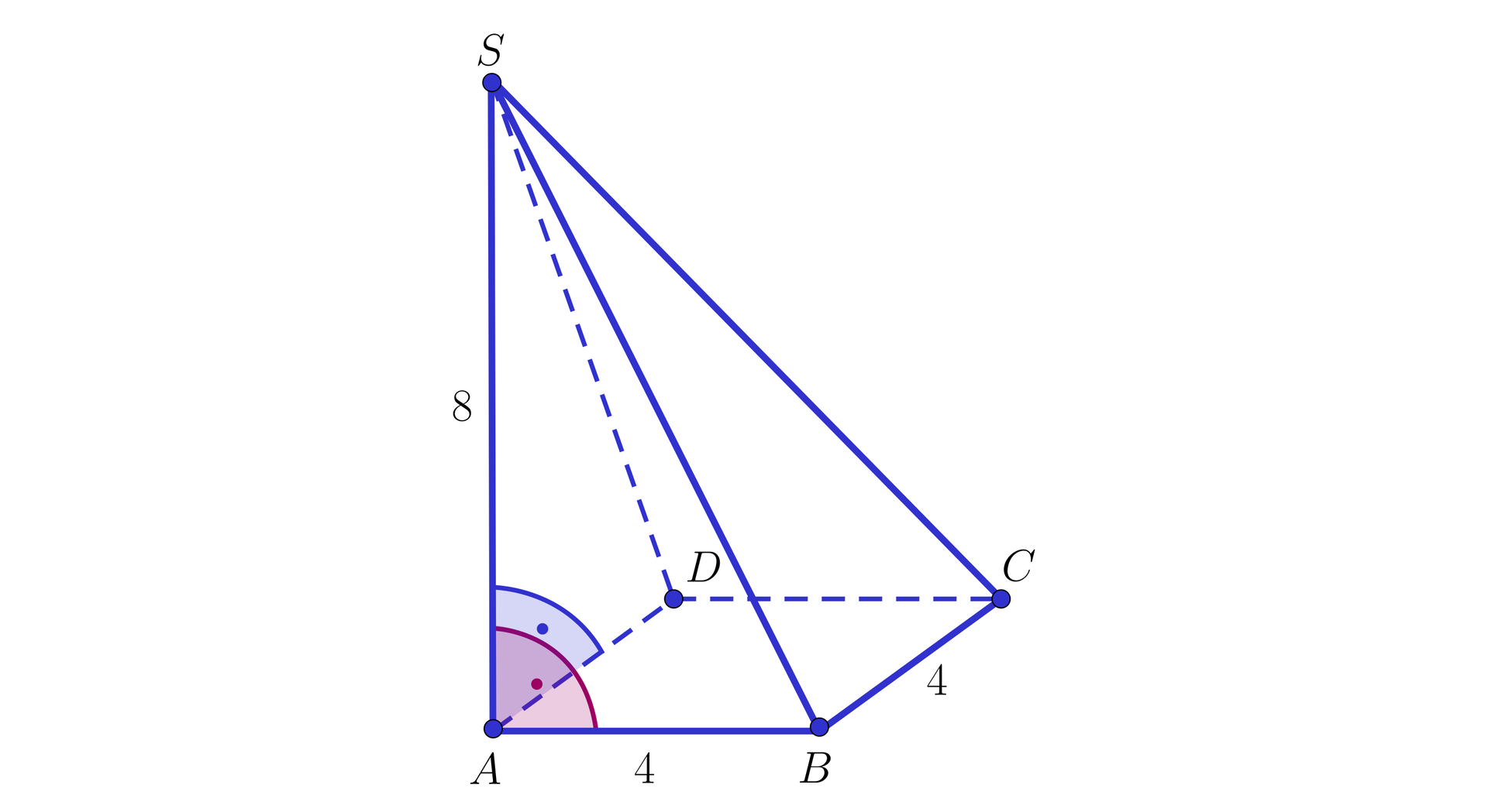 Grafika przedstawia ostrosłup o podstawie kwadratu. Podstawa ma wierzchołki: A,  B, C, D. Długość boku podstawy wynosi 4. Wierzchołek ostrosłupa oznaczono literą S. Dwie ściany ostrosłupa są prostopadłe do podstawy. Są to ściany ABS oraz ADS. Wysokość ostrosłupa AS  ma długość 8.