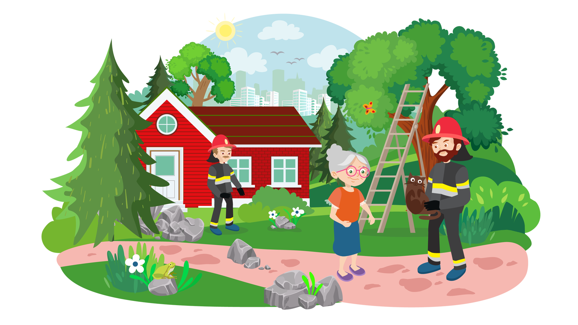 Ilustracja przedstawia krajobraz miejski. W tle widać błękitne niebo ze słońcem i pojedynczymi chmurami oraz zarys wysokich budynków. W oddali lecą po niebie trzy ptaki. Dookoła rozciąga się teren porośnięty zielenią. Gdzieniegdzie leżą szare kamienie i rosną pojedyncze białe kwiaty. Na kamieniu znajdującym się na pierwszym planie siedzi zielona żaba. Po lewej stronie ilustracji jest czerwony dom otoczony drzewami iglastymi i liściastymi. Ma bordowy dach, białe okna i białe drzwi. Przed domem stoi strażak. Ma ciemnoblond włosy i krótkie wąsy, jest ubrany w czarny mundur strażacki z elementami odblaskowymi, granatowe buty, czarne rękawice i czerwony hełm strażacki. Przy drzewie liściastym, znajdującym się po prawej stronie, stoi wysoka drabina. Obok niej lata pomarańczowo‑czerwony motyl. Nieco bliżej biegnie w poprzek ilustracji ścieżka. Po prawej stronie stoi na niej drugi strażak, ubrany tak samo jak pierwszy. Ma ciemnobrązowe włosy, krótkie wąsy i krótką brodę. W rękach trzyma ciemnobrązowego kota, którego wręcza starszej pani stojącej obok. Kobieta ma siwe włosy upięte w kok, jest ubrana w pomarańczową bluzkę z krótkimi rękawami zakończonymi falbankami, granatową spódnicę do kolan i fioletowe buty. Na nosie ma okulary w ciemnoróżowych oprawkach. Ma pogodny wyraz twarzy, patrzy na kota.