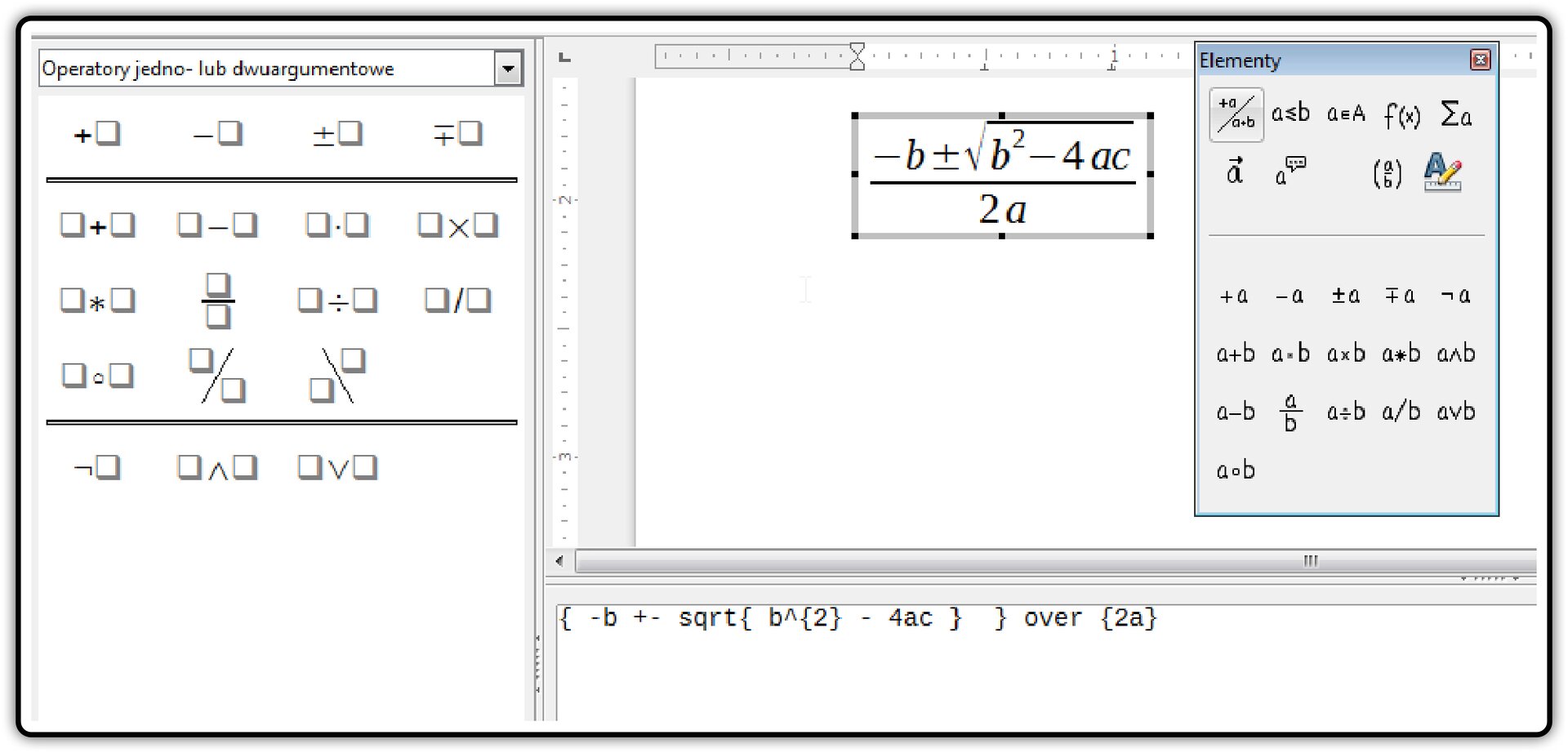 Zrzut okna edytora równań w programie LibreOffice Writer