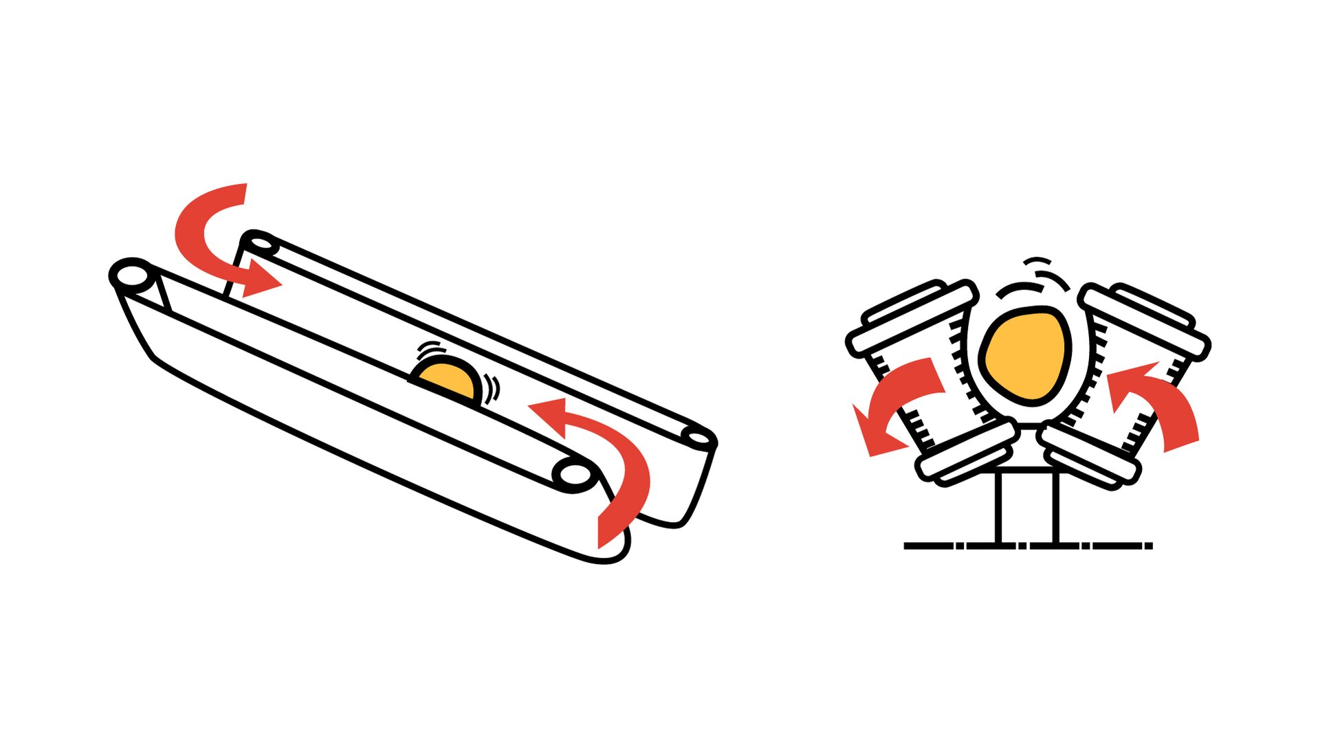 Rysunek przedstawia dwa schematy zaokrąglarki taśmowej. Po lewej stronie widzimy pod delikatnym skosem dwie rolki taśmowe maszyny oraz ciasto znajdujące się pomiędzy nimi. Przy dolnej taśmie po prawej stronie umieszczona jest zaokrąglona czerwona strzałka skierowana w kierunku górnej części rolki. Przy górnej taśmie po lewej stronie umieszczona jest zaokrąglona czerwona strzałka skierowana w kierunku dolnej części rolki. Na prawym rysunku zauważyć można pionową przerywaną czarną kreskę. Na niej znajduje się kwadratowy kształt a na nim prostokątny kształt. Na tym kształcie na brzegach znajdują się rolki taśmowe. Umieszczone są one po delikatnym skosem tak, że przestrzeń pomiędzy nimi jest większa w górnej części. Pomiędzy tymi rolkami znajduje się pomarańczowy okrągły fragment ciasta. Na lewej rolce widoczna jest czerwona strzałka skierowana w lewą stronę i delikatnie w dół. Na prawej rolce po jej prawej stronie znajduje się czerwona strzałka skierowana w lewą stronę, a jej prawy brzeg jest delikatnie niżej.