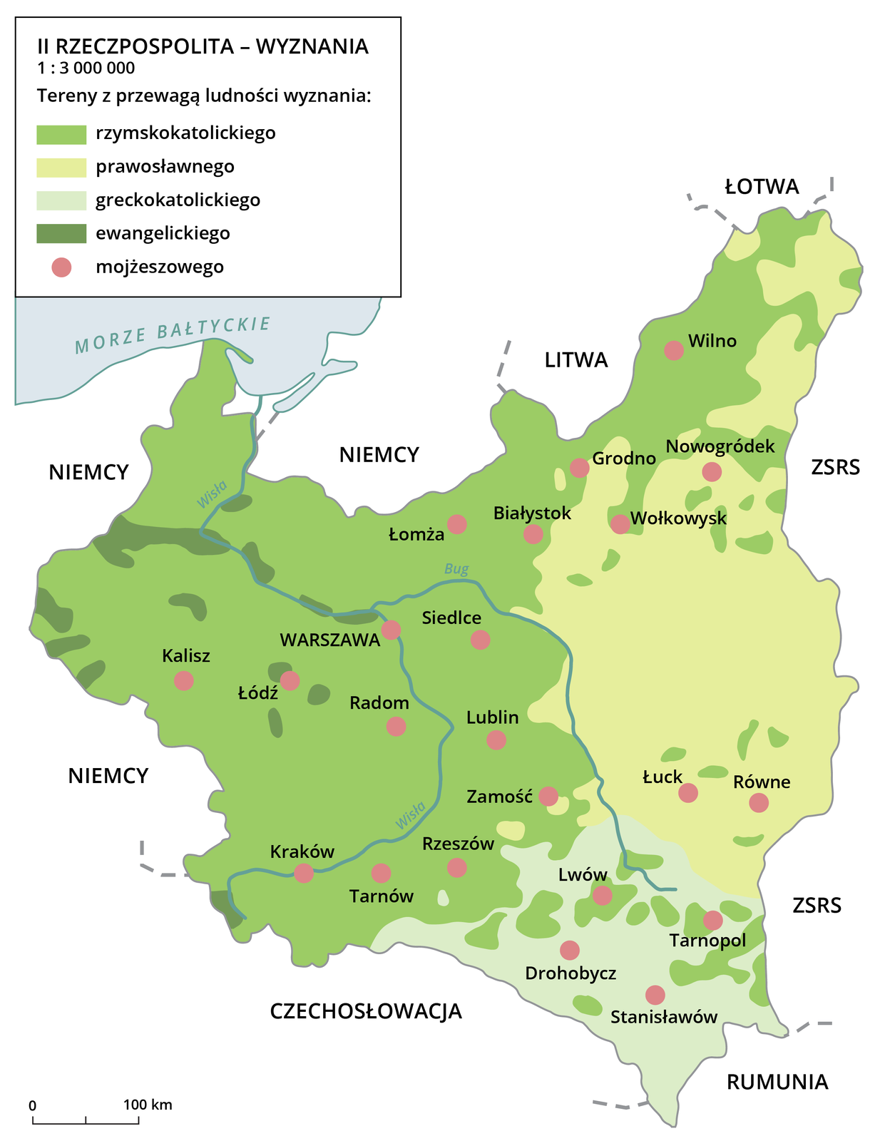 Ilustracja przedstawia mapę Rzeczypospolitej z zaznaczonymi wyznaniami na jej obszarze. Największy obszar to ludność wyznania rzymskokatolickiego, zajmuje on zachodnią, centralną i północną cześć kraju. Ludność wyznania prawosławnego zajmuje wschodnią część kraju. Ludność wyznania grekokatolickiego zajmuje południową część kraju. Oprócz tego wskazano miasta gdzie zamieszkuje ludność wyznania mojżeszowego i są to: Kalisz, Łódź, Warszawa, Radom, Kraków, Tarnów, Rzeszów, Zamość, Lublin, Siedlce, Łomża, Białystok, Grodno i Wilno w obszarze rzymskokatolickim, Grodno, Wołkowysk, Nowogródek, Łuck i Równe w obszarze prawosławnym oraz Lwów, Drohobycz, Tarnopol i Stanisławów w obszarze grekokatolickim. W zachodniej części kraju widać niewielkie obszary zamieszkane przez ludność wyznania ewangelickiego.