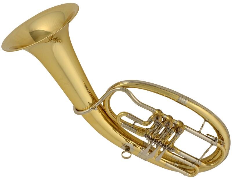 Ilustracja przedstawia instrument dęty w kolorze złota, z powyginanymi elementami korpusu, stanowiącymi liczne zakręty oraz z przyciskami. Jest zakończony szeroką czarą głosową.